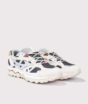 Mizuno Wave Mujin TI GTX Sneakers in Orange, Grey and White Angle Shot at EQVVS