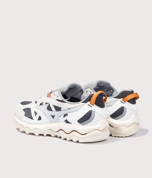 Mizuno Wave Mujin TI GTX Sneakers in Orange, Grey and White Back Shot at EQVVS