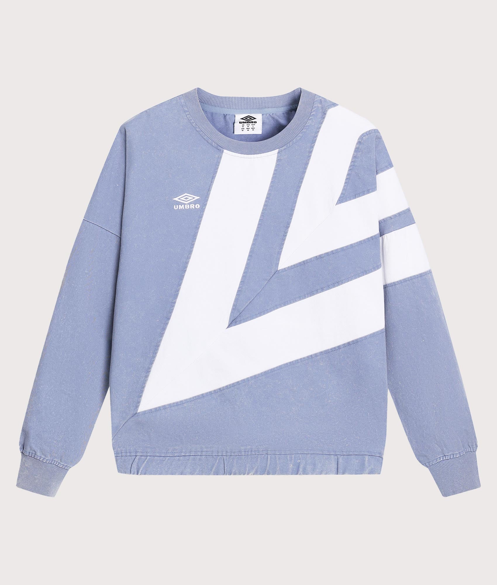 Umbro Relaxed Fit Washed Diamond Drill Sweatshirt in Infinity and Brilliant White at EQVVS Menswear. Front shot.