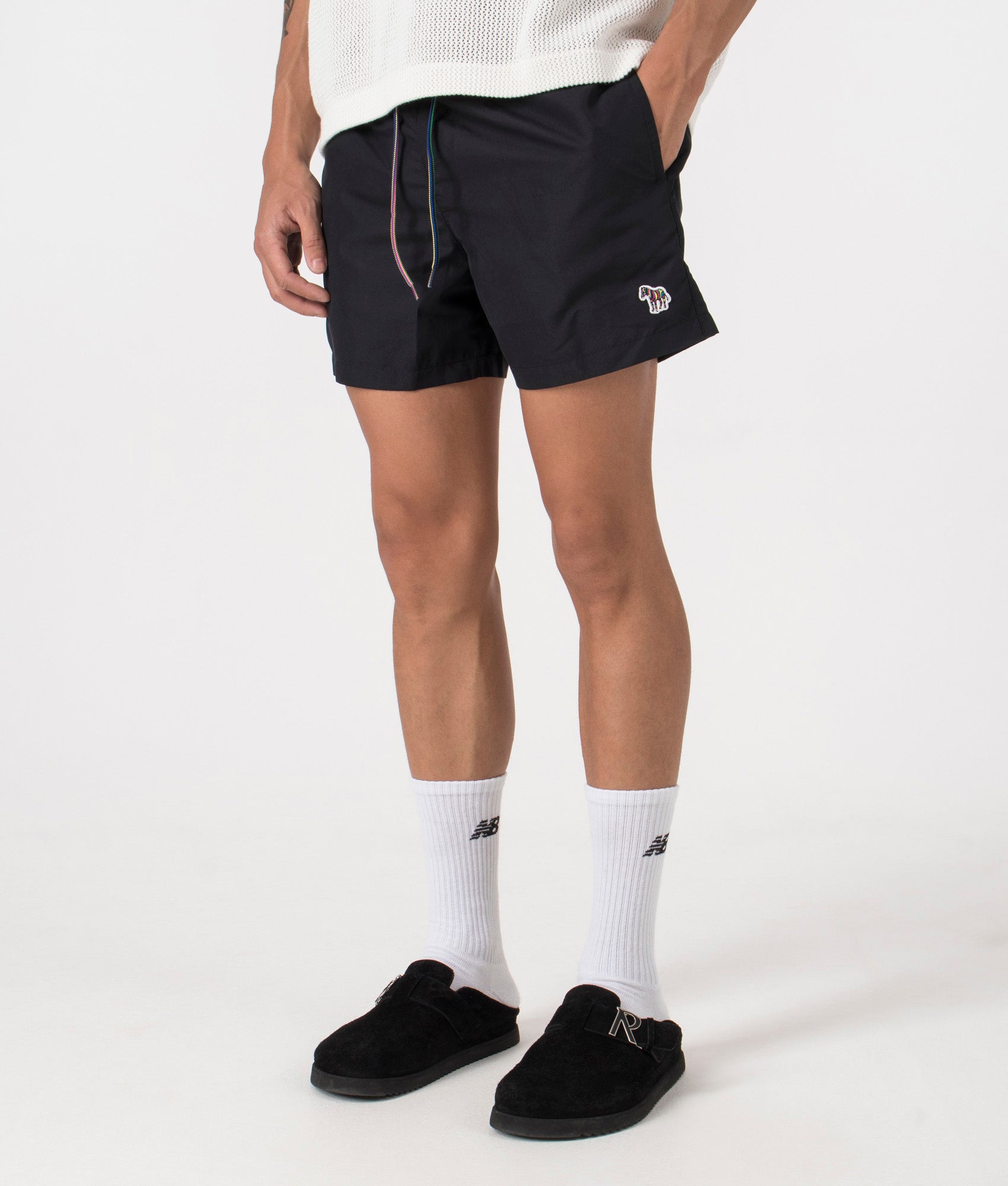 Zebra Logo Swim Shorts in Black by PS Paul Smith. EQVVS Model Shot. 