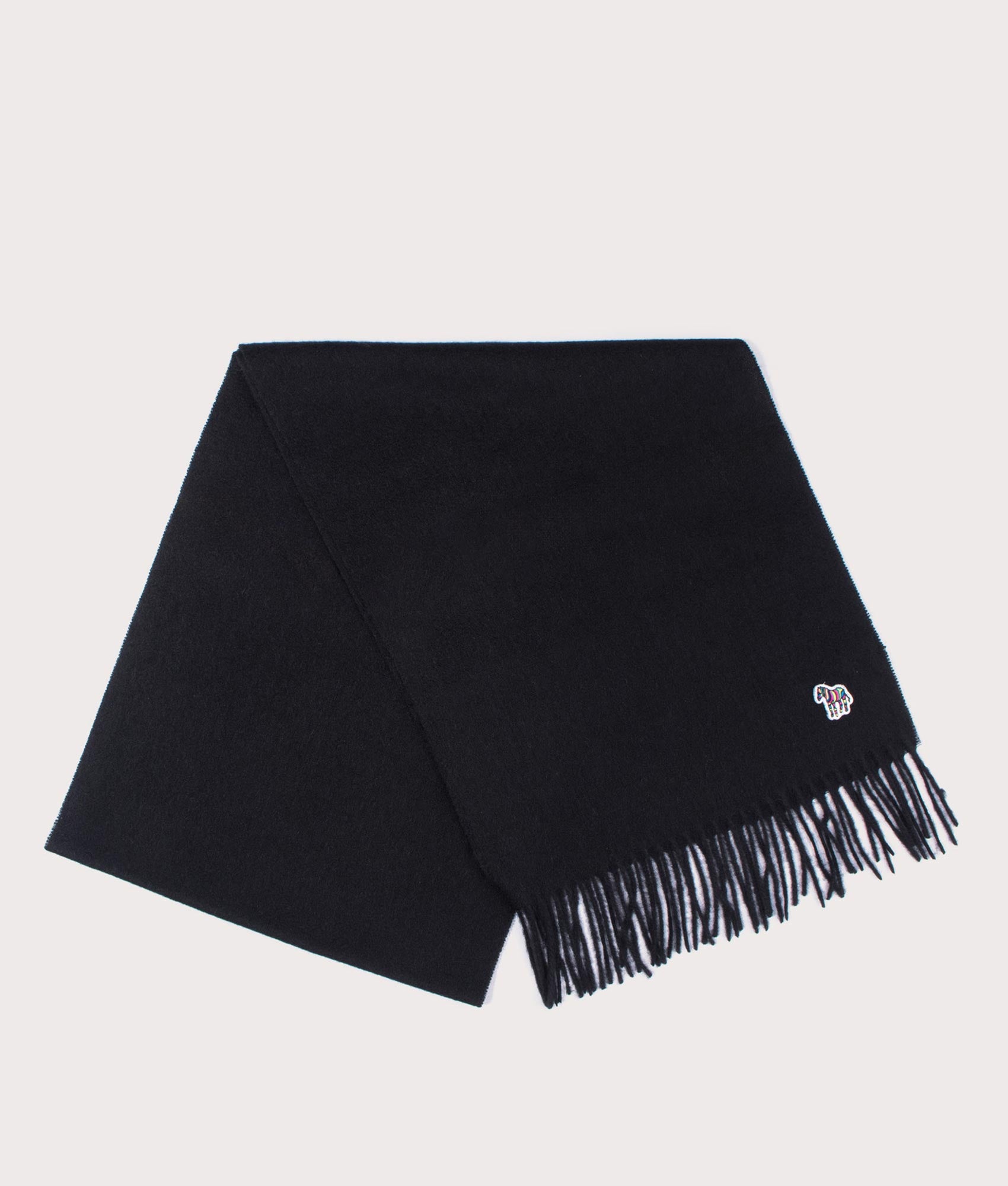 PS Paul Smith PS Zebra Scarf in Black, 100% Lambswool. Flat Shot at EQVVS.