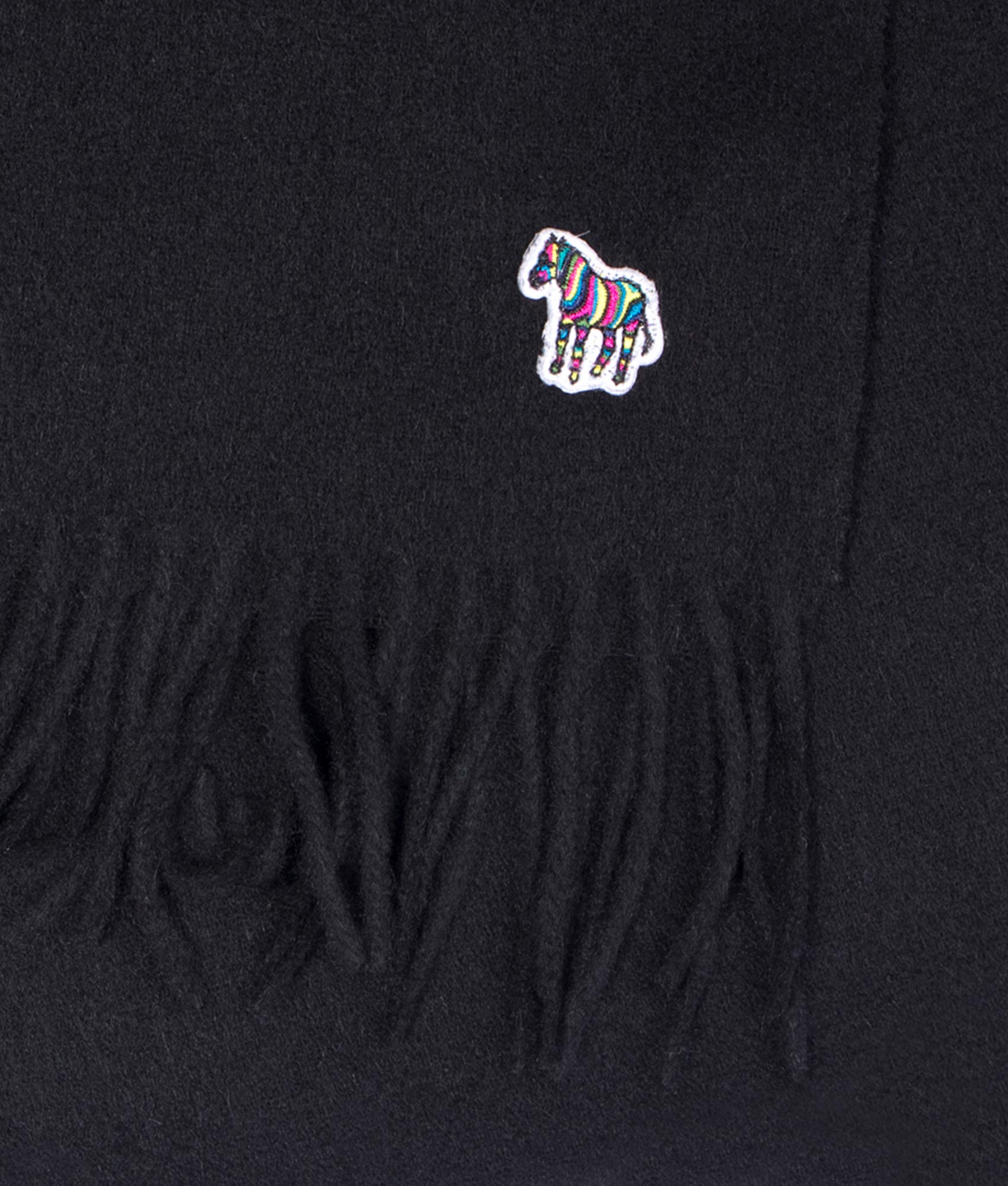 PS Paul Smith PS Zebra Scarf in Black, 100% Lambswool. Detail shot at EQVVS.