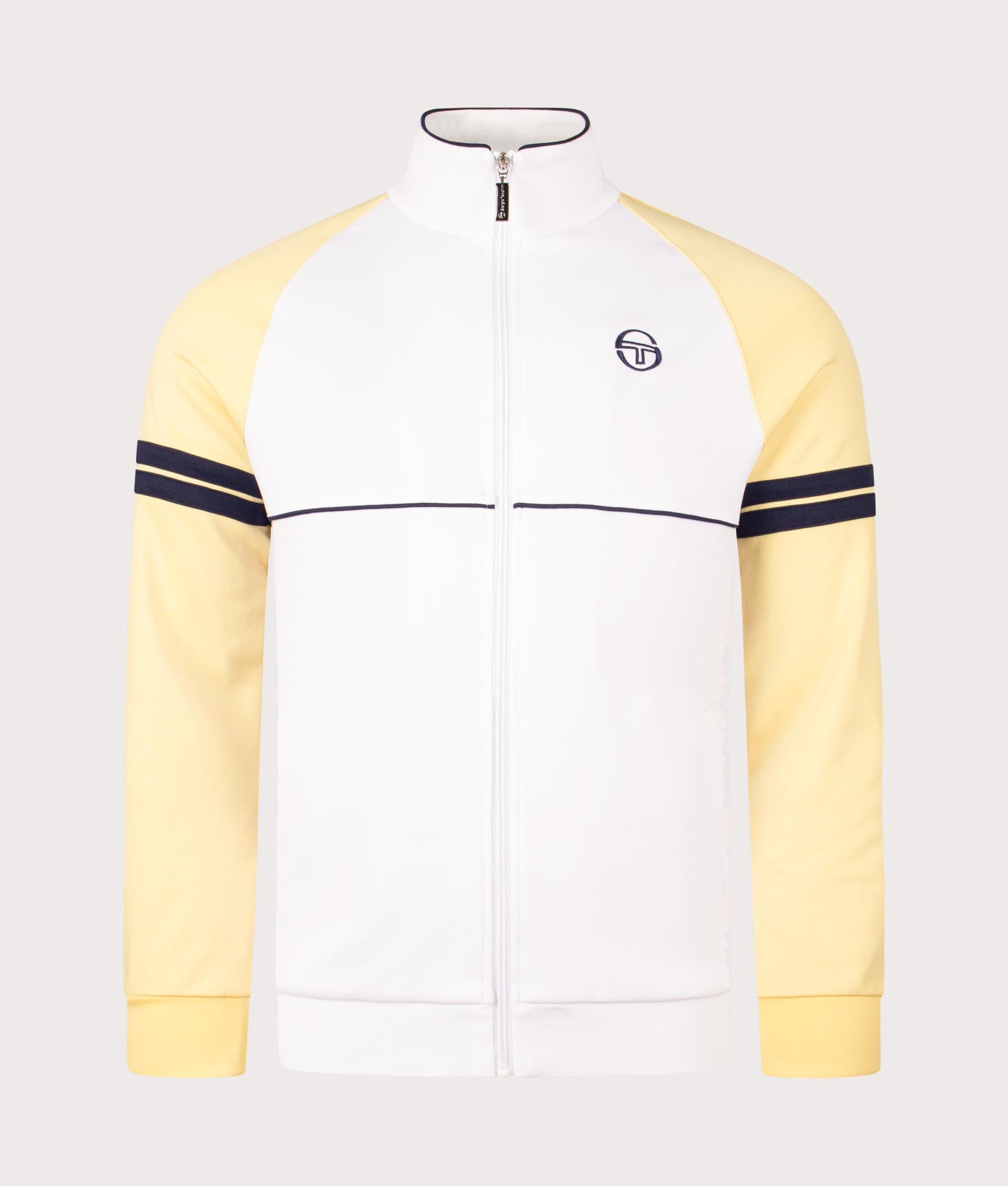 Orion Track Top in White & Golden Haze by Sergio Tacchini. EQVVS Front Angle Shot.