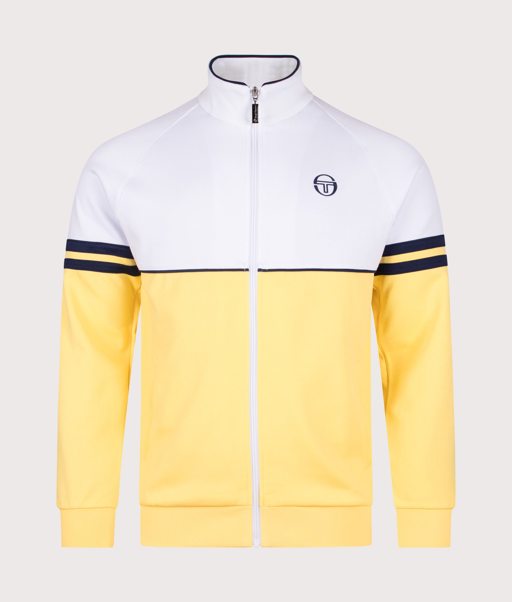 Orion Track Jacket by Sergio Tacchini in White/Lemon Drop/Maritime Blue. Shot by EQVVS. Front shot.