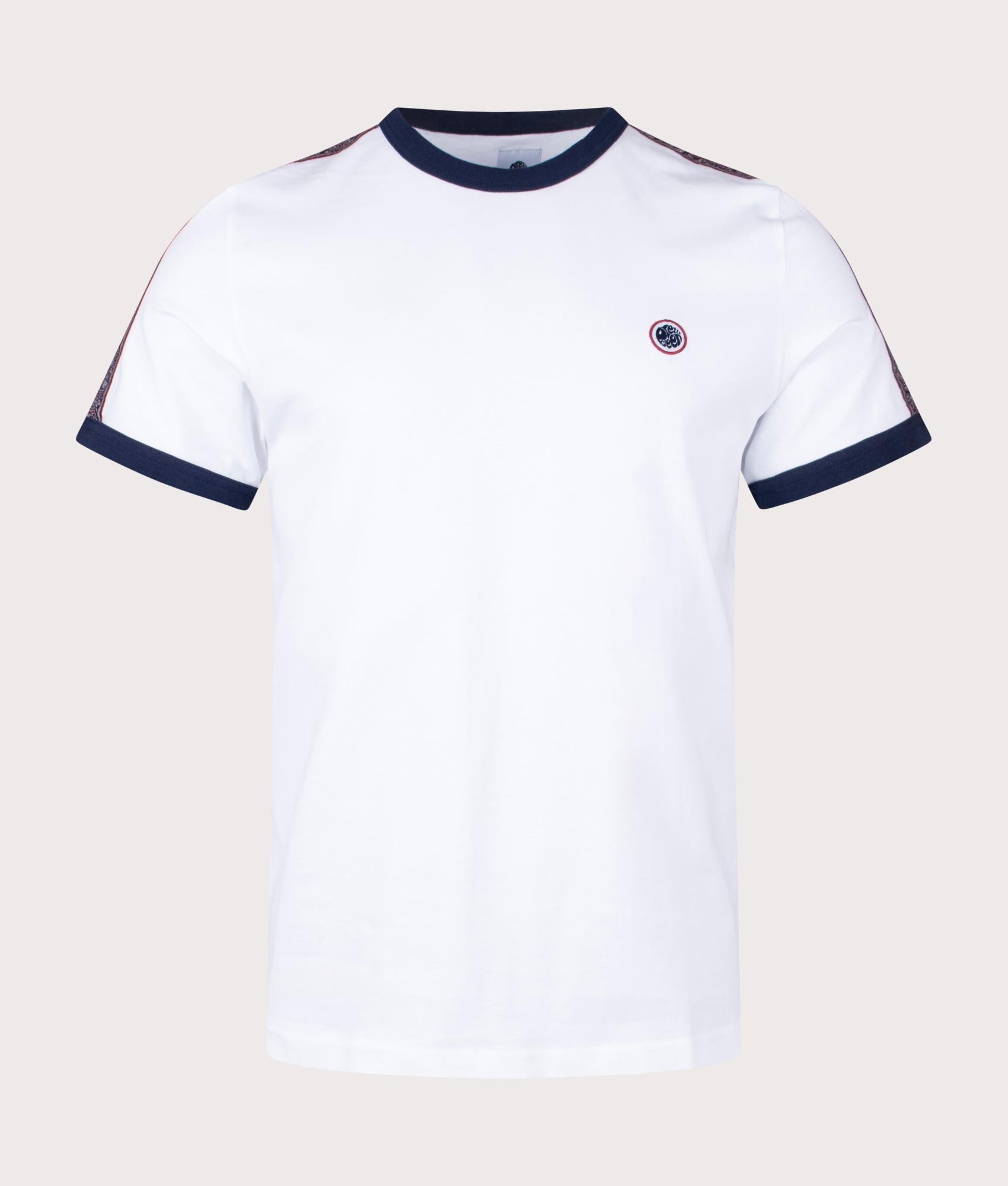 Pretty Green Eclipse Tape T-Shirt in White with patterned Sleeves Front Shot EQVVS