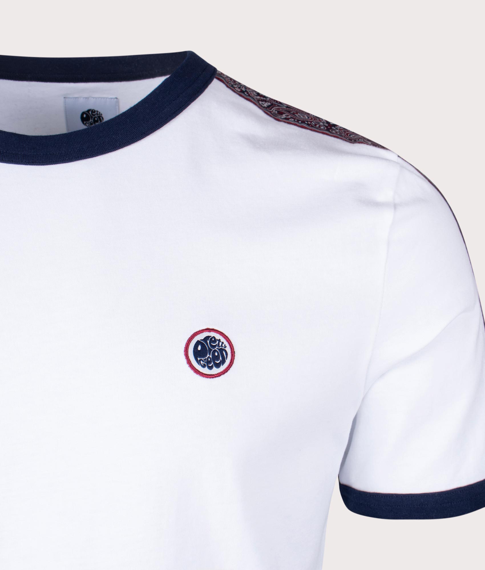 Pretty Green Eclipse Tape T-Shirt in White with patterned Sleeves Detail Shot EQVVS