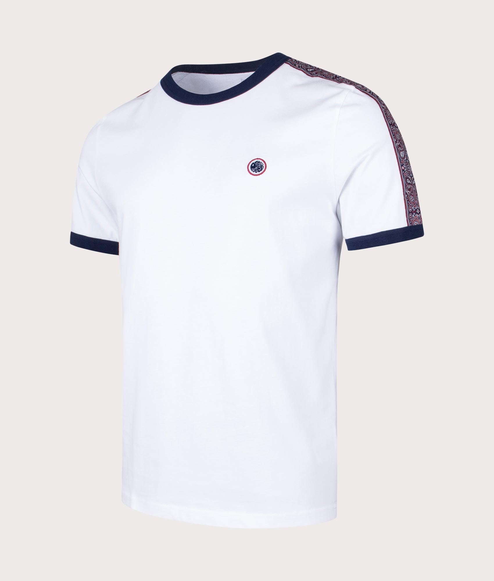 Pretty Green Eclipse Tape T-Shirt in White with patterned Sleeves Angle Shot EQVVS