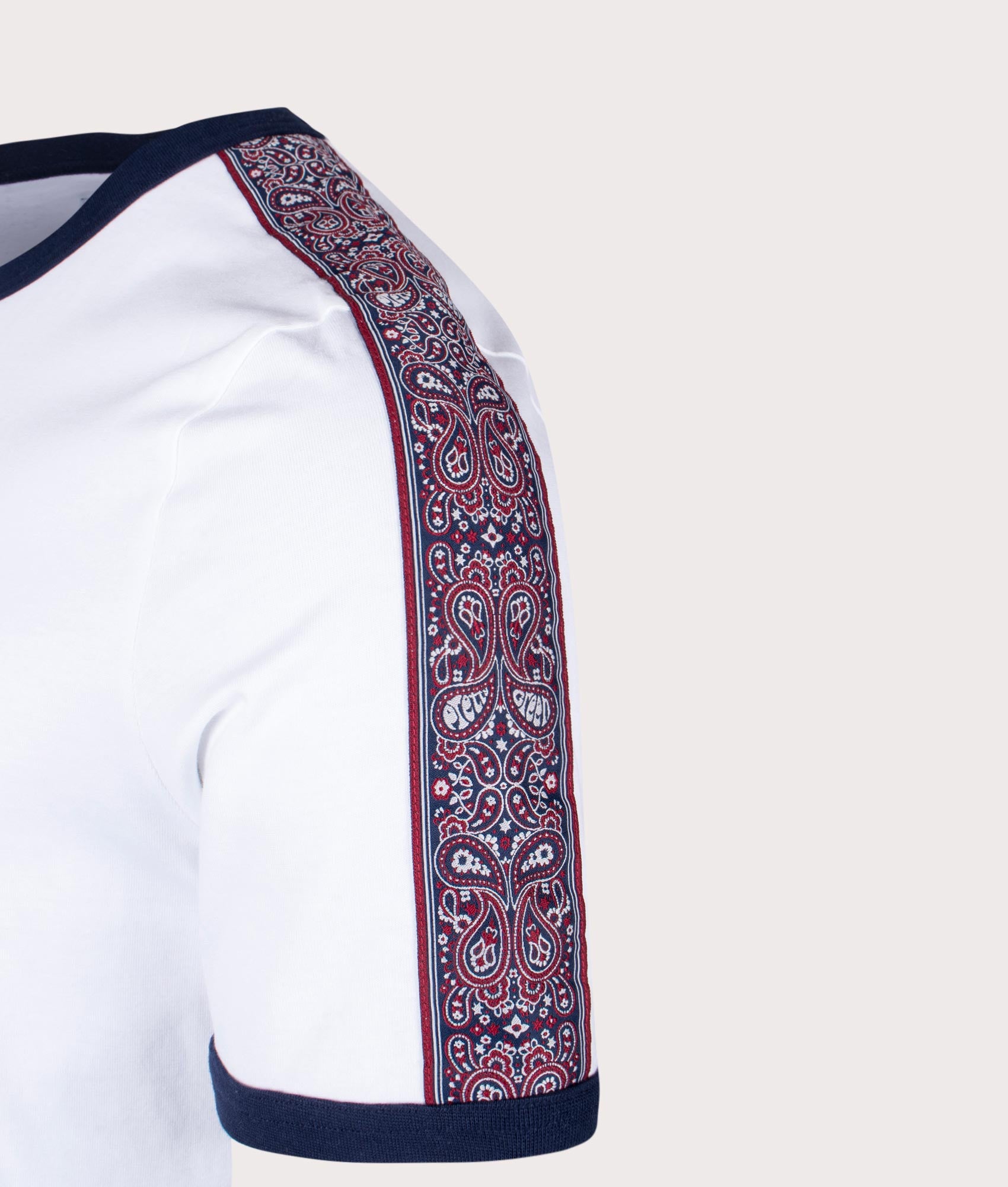 Pretty Green Eclipse Tape T-Shirt in White with patterned Sleeves Sleeve Shot EQVVS