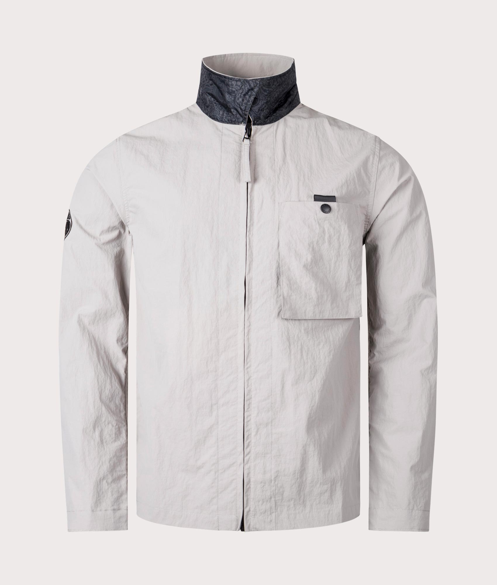 Pretty Green Heaton Overshirt in Light Grey Front Shot Collar up EQVVS