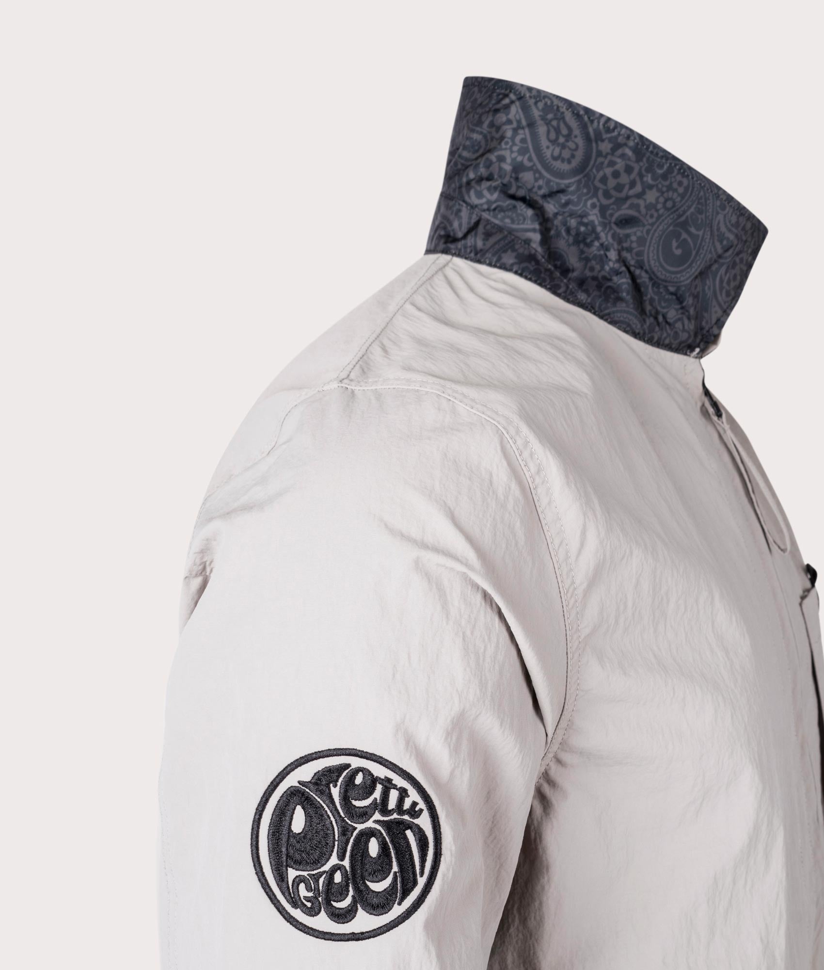 Pretty Green Heaton Overshirt in Light Grey Side Shot Collar up EQVVS
