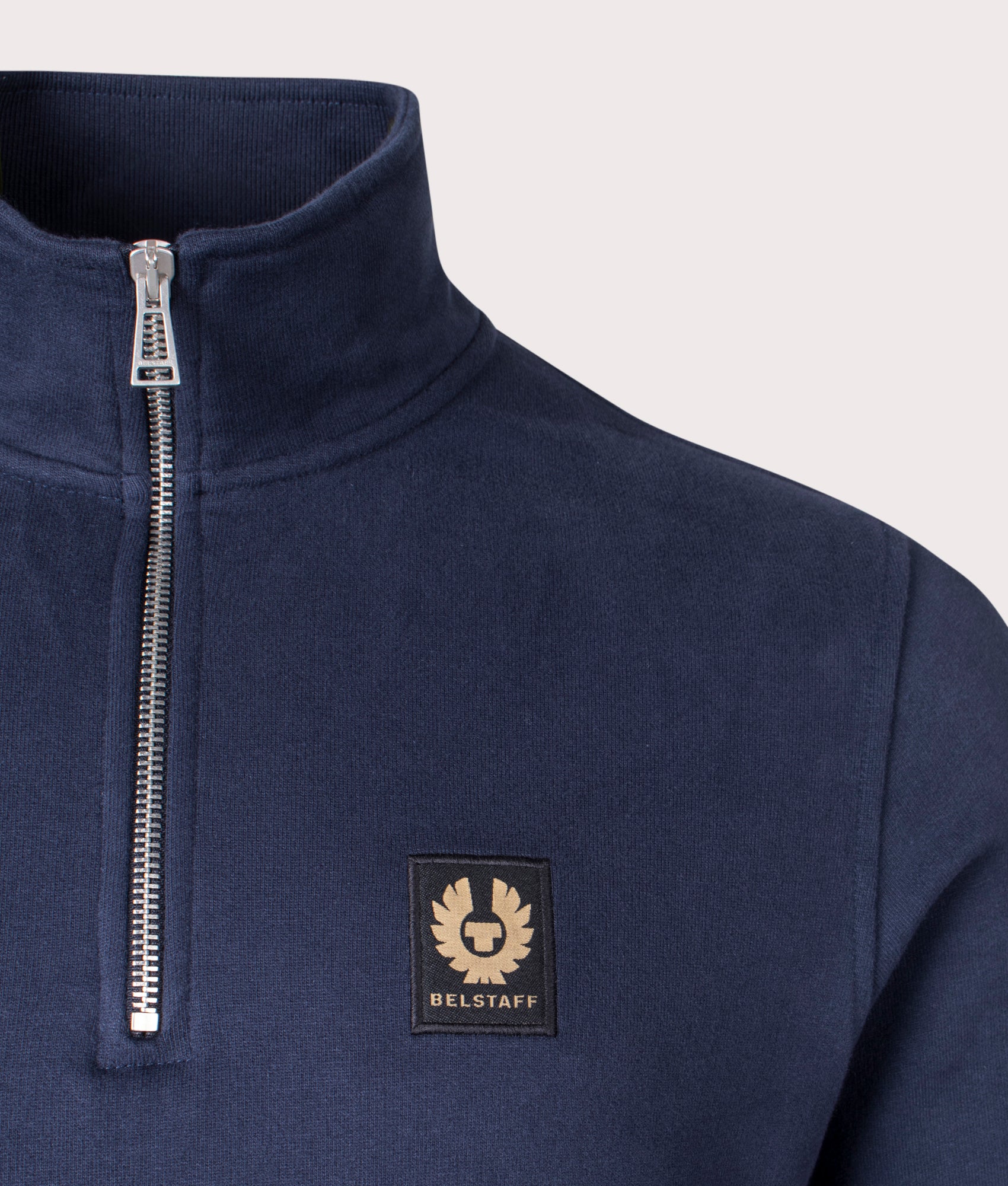 Belstaff Quarter Zip Sweatshirt in Dark Ink at EQVVS Menswear. Detail shot.