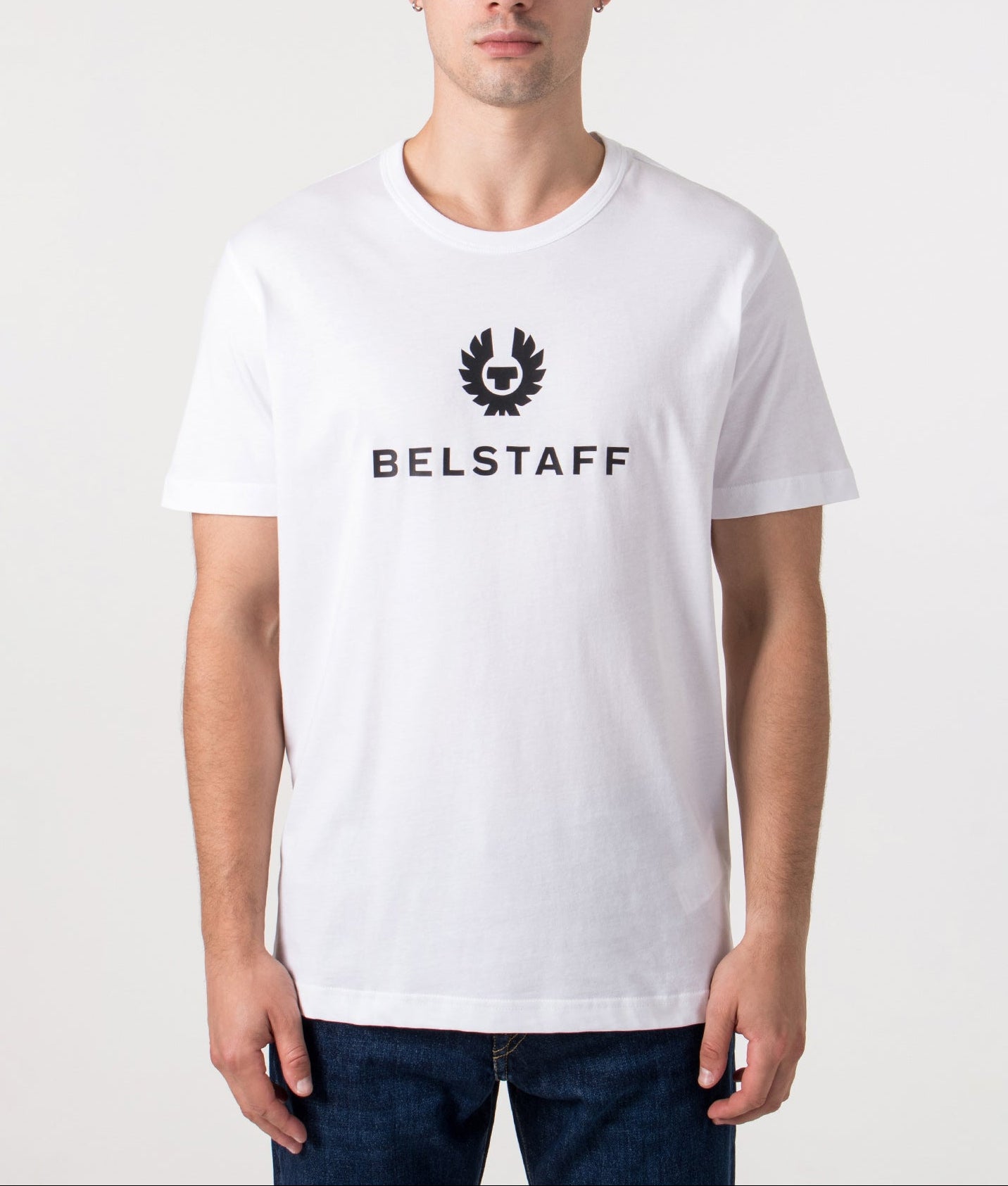 Belstaff Signature T-shirt in White at, 100% Cotton at EQVVS Menswear. Front Model Shot. 