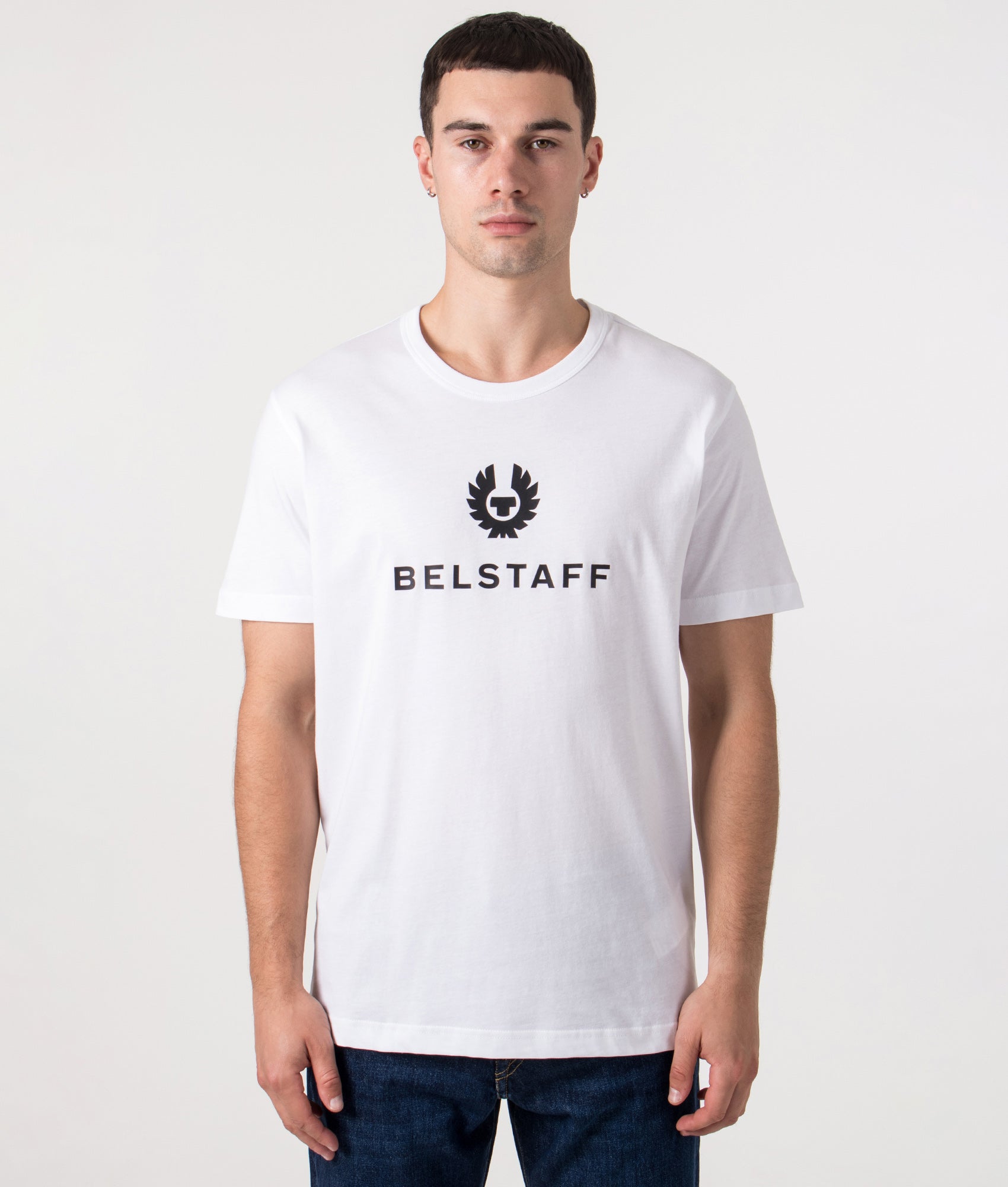 Belstaff Signature T-shirt in White at, 100% Cotton at EQVVS Menswear. Front Model Shot. 