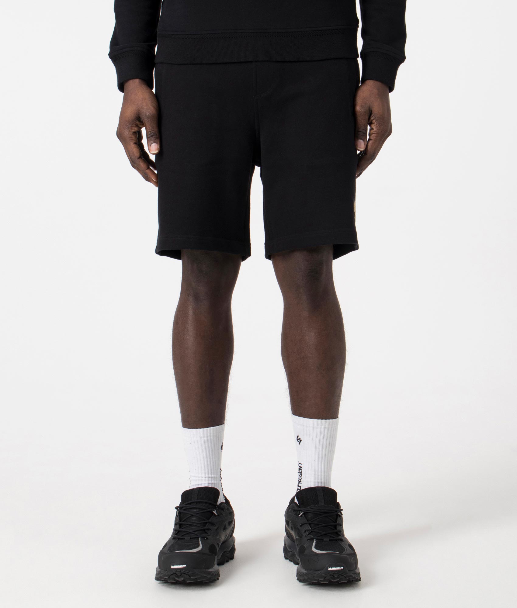 Belstaff Sweat Shorts in Black. EQVVS Front Angle Shot.