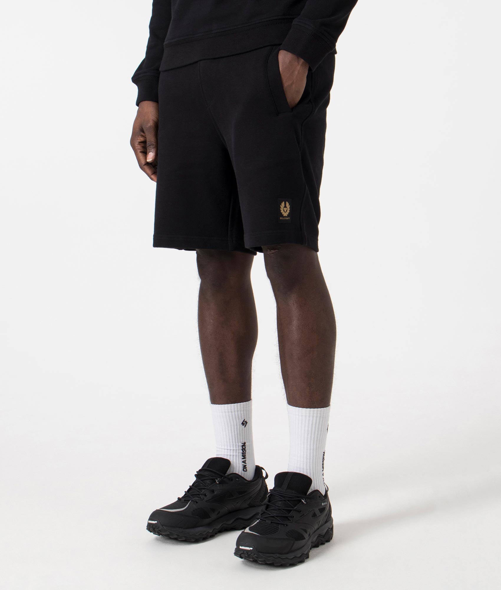 Belstaff Sweat Shorts in Black. EQVVS Side Angle Shot.