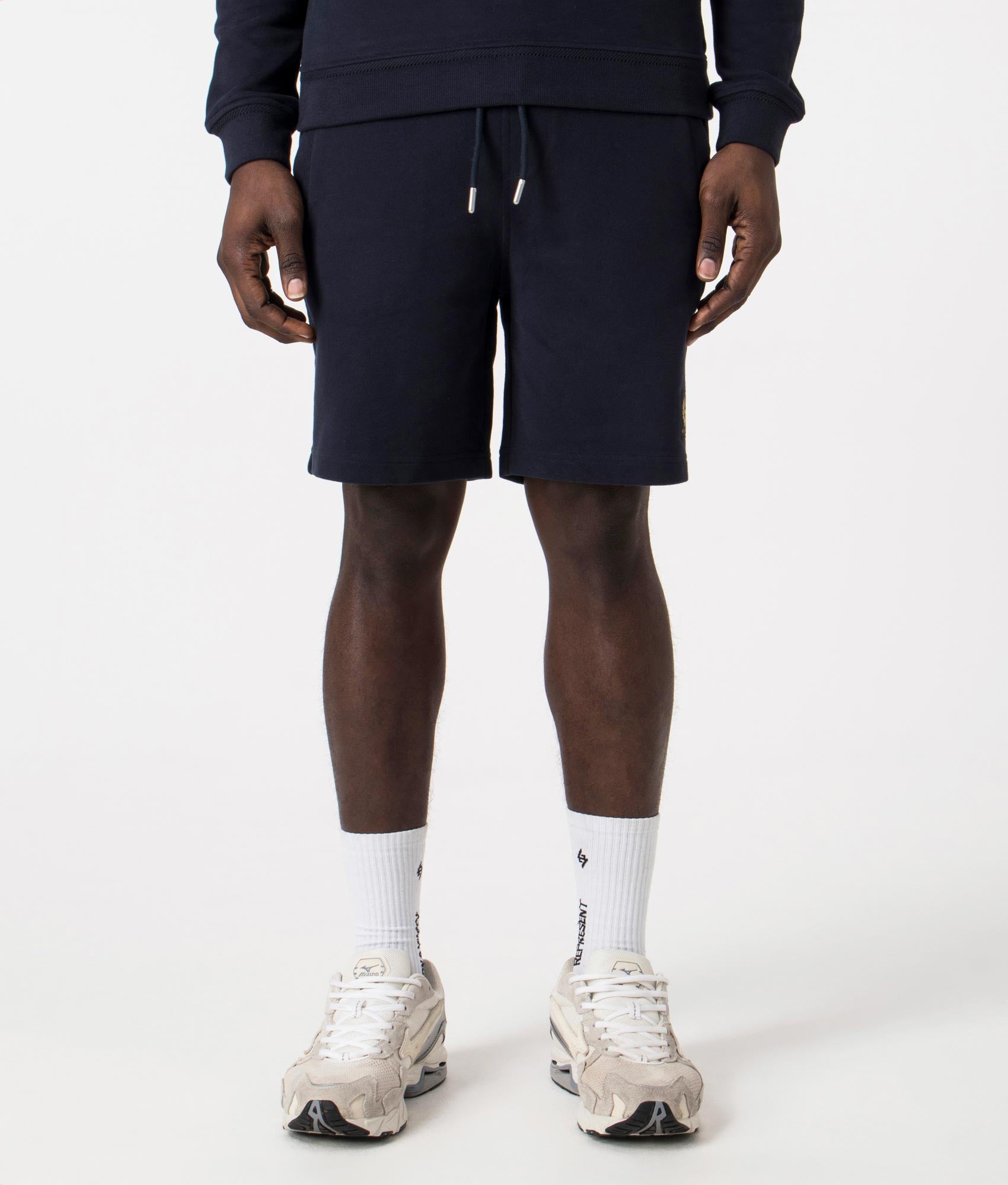 Belstaff Sweat Shorts in Dark Ink. EQVVS Front Angle Shot.
