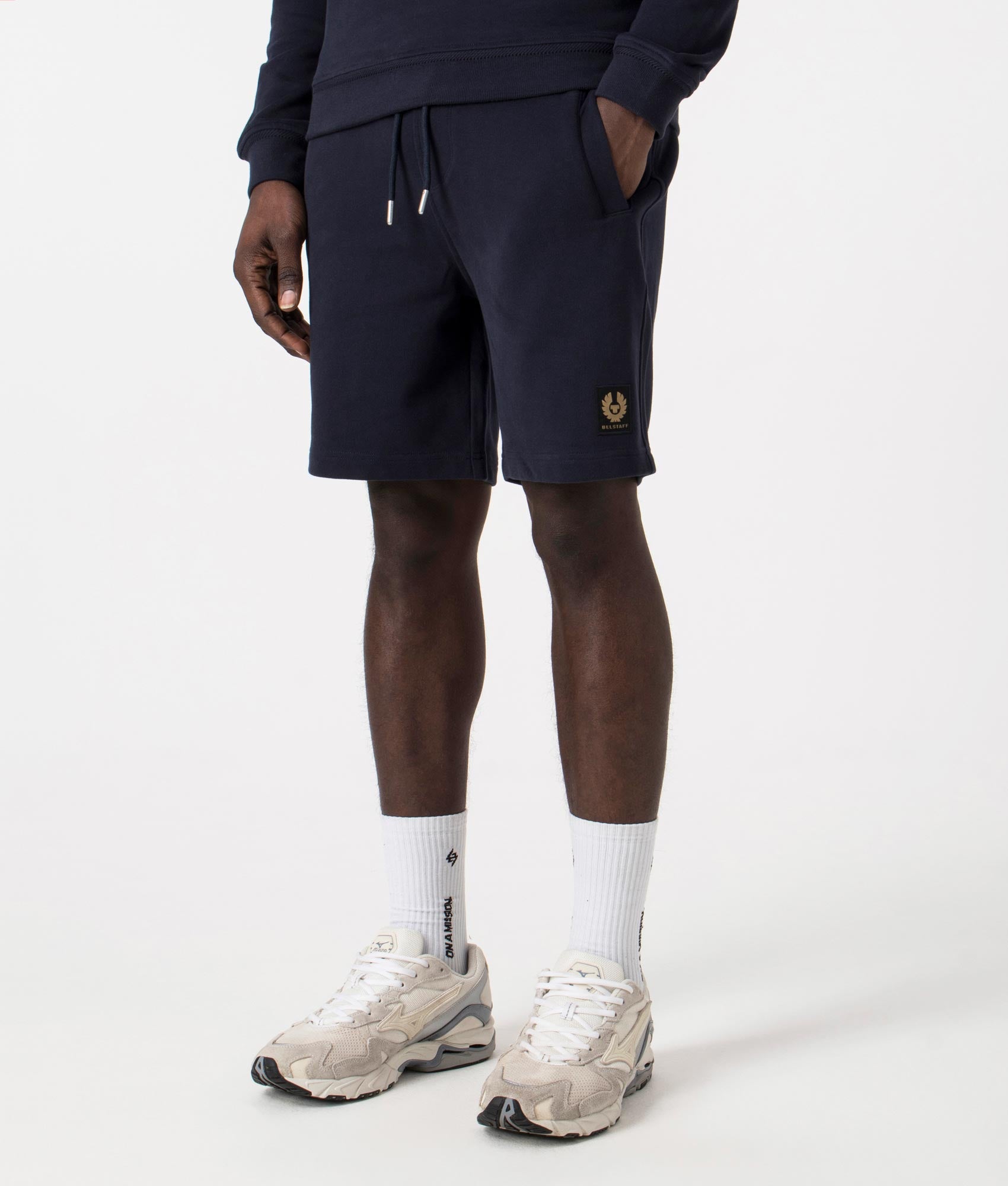 Belstaff Sweat Shorts in Dark Ink. EQVVS Side Angle Shot.