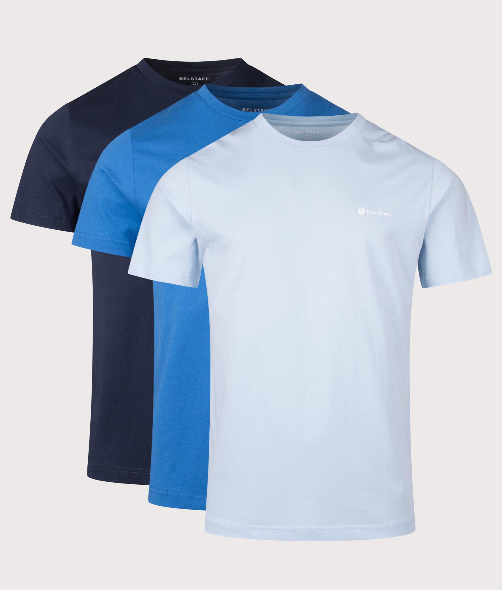 Belstaff 3 Pack T-Shirt in Dark Ink, Marine Blue and Sky Blue at EQVVS Menswear. Front shot.