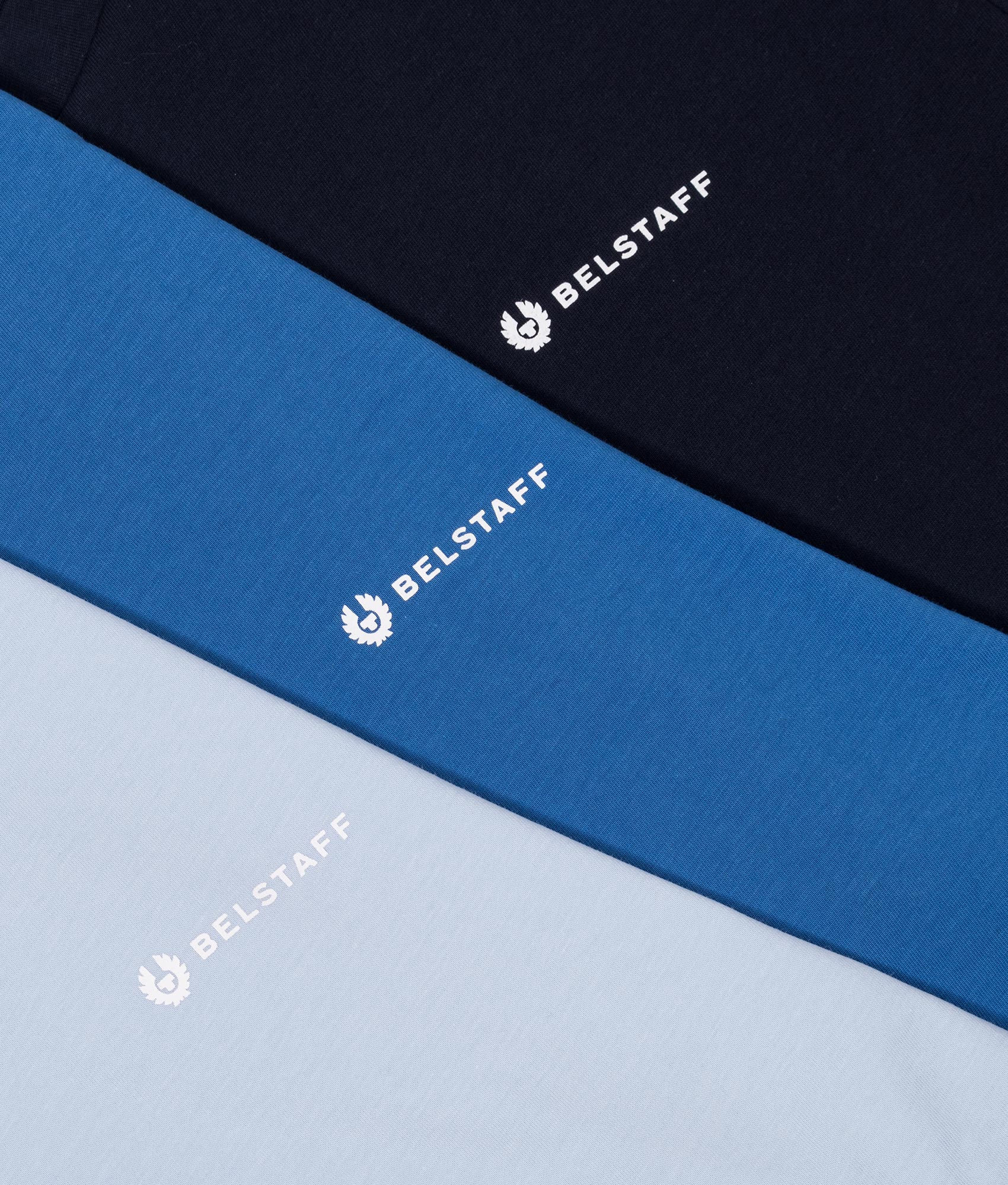 Belstaff 3 Pack T-Shirt in Dark Ink, Marine Blue and Sky Blue at EQVVS Menswear. Detail shot.