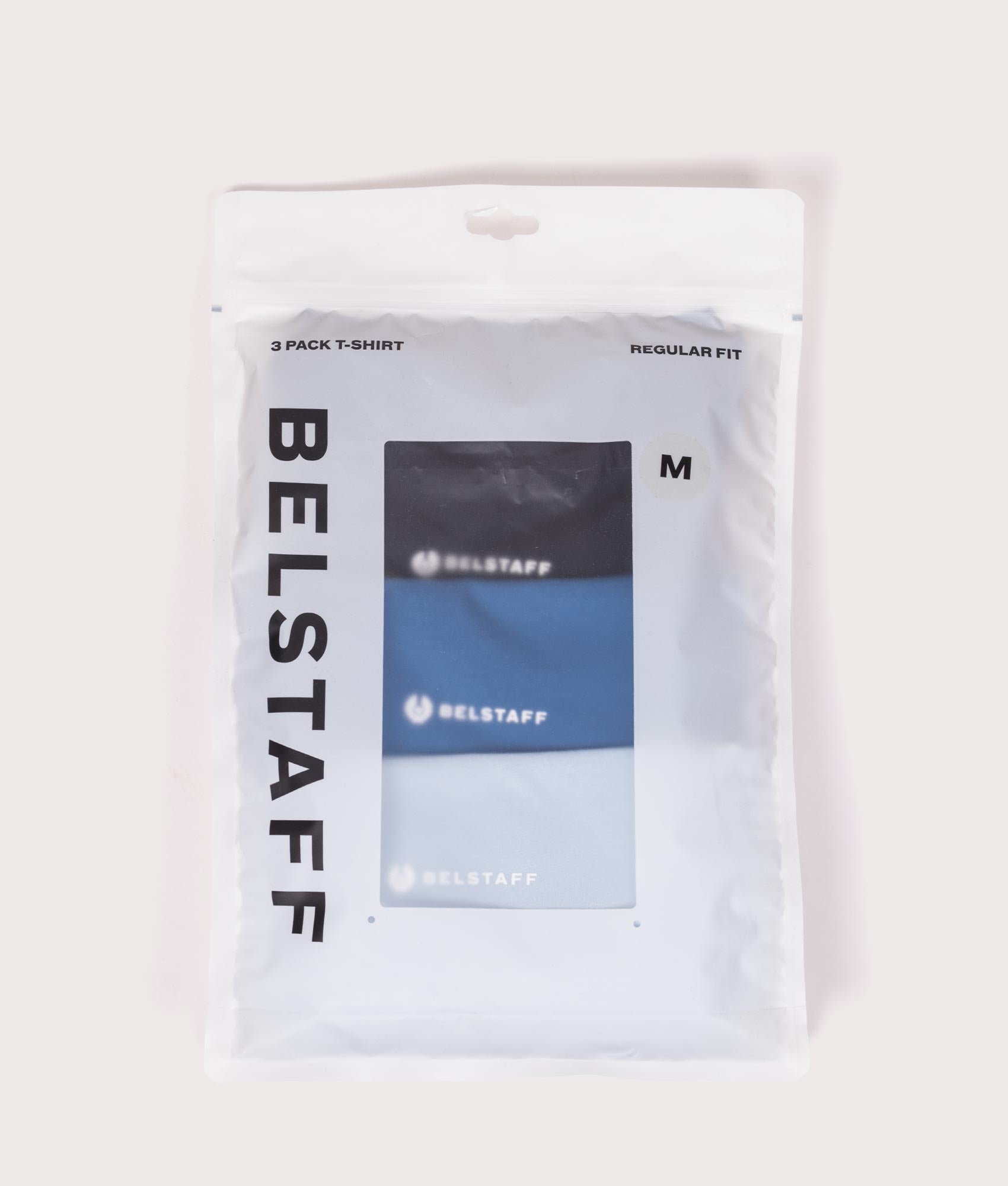 Belstaff 3 Pack T-Shirt in Dark Ink, Marine Blue and Sky Blue at EQVVS Menswear. Packaging shot.