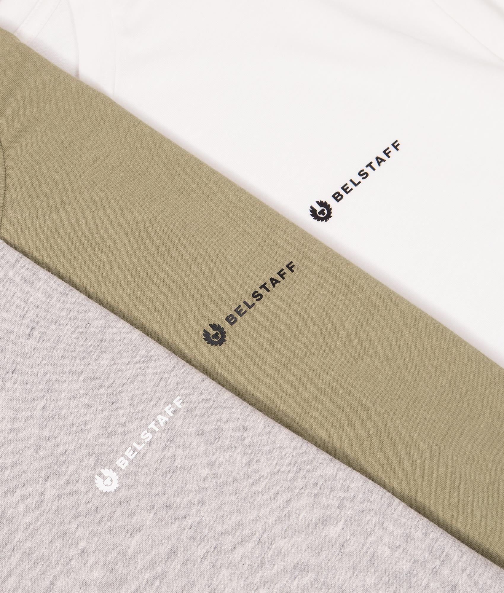Belstaff 3 Pack T-Shirt in White, Fatigue Green and Old Silver Heather at EQVVS Menswear. Detail shot.