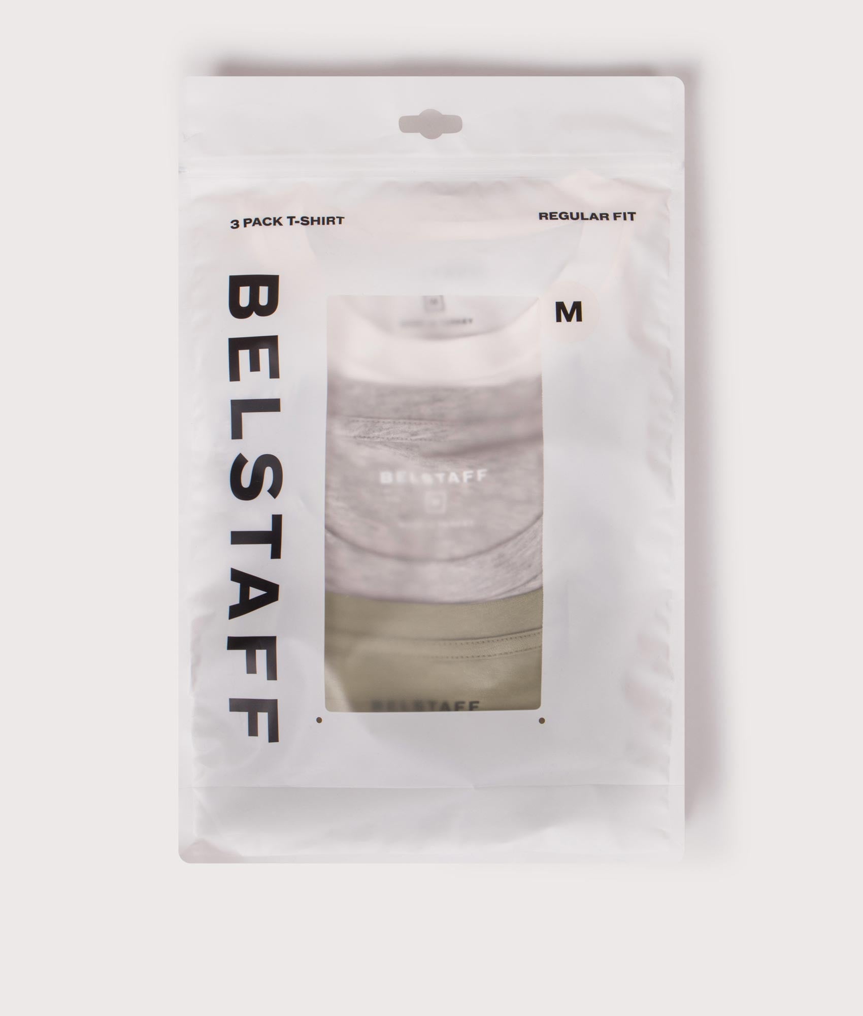 Belstaff 3 Pack T-Shirt in White, Fatigue Green and Old Silver Heather at EQVVS Menswear. Packaging shot. 