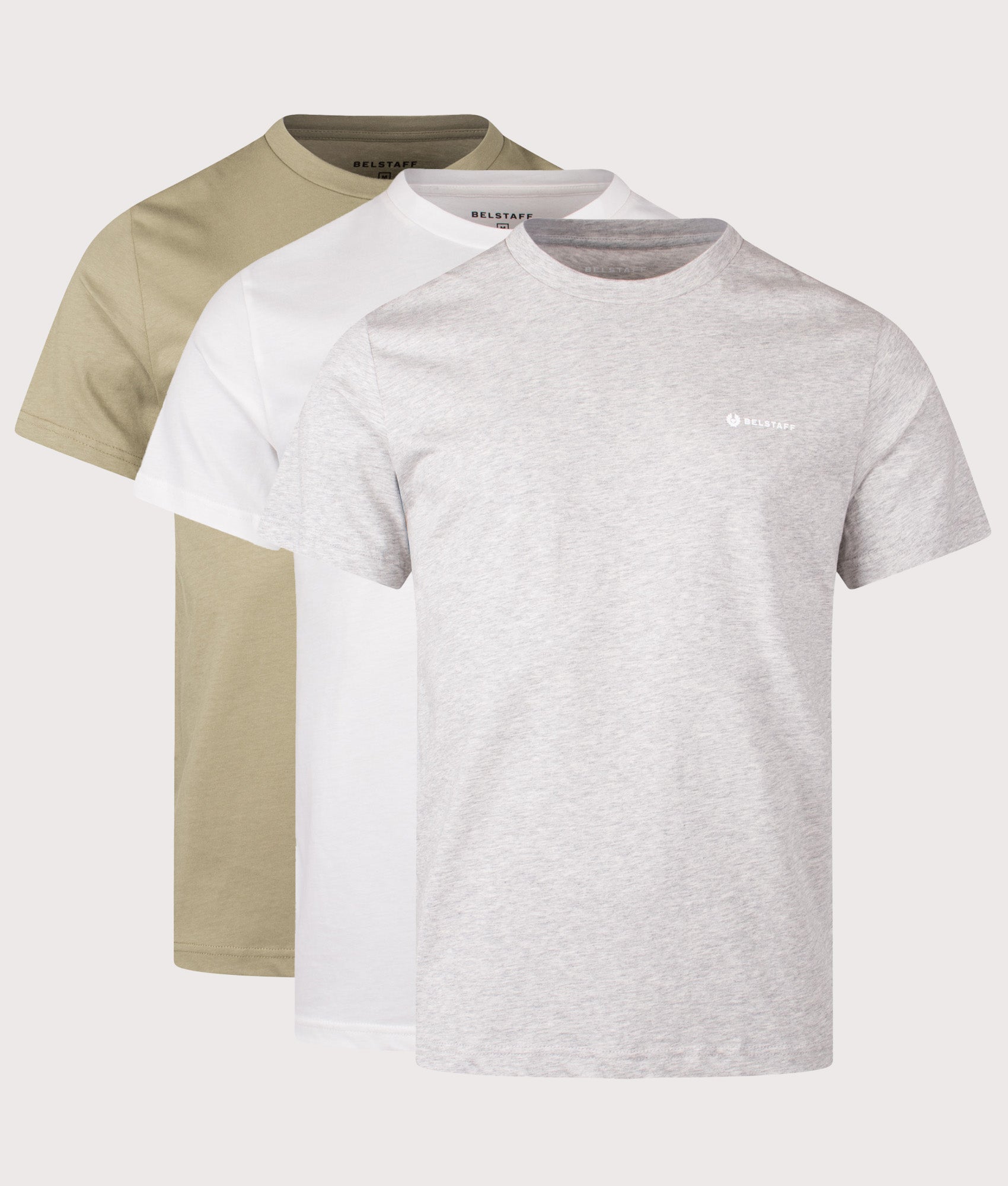 Belstaff 3 Pack T-Shirt in White, Fatigue Green and Old Silver Heather at EQVVS Menswear. Front shot.