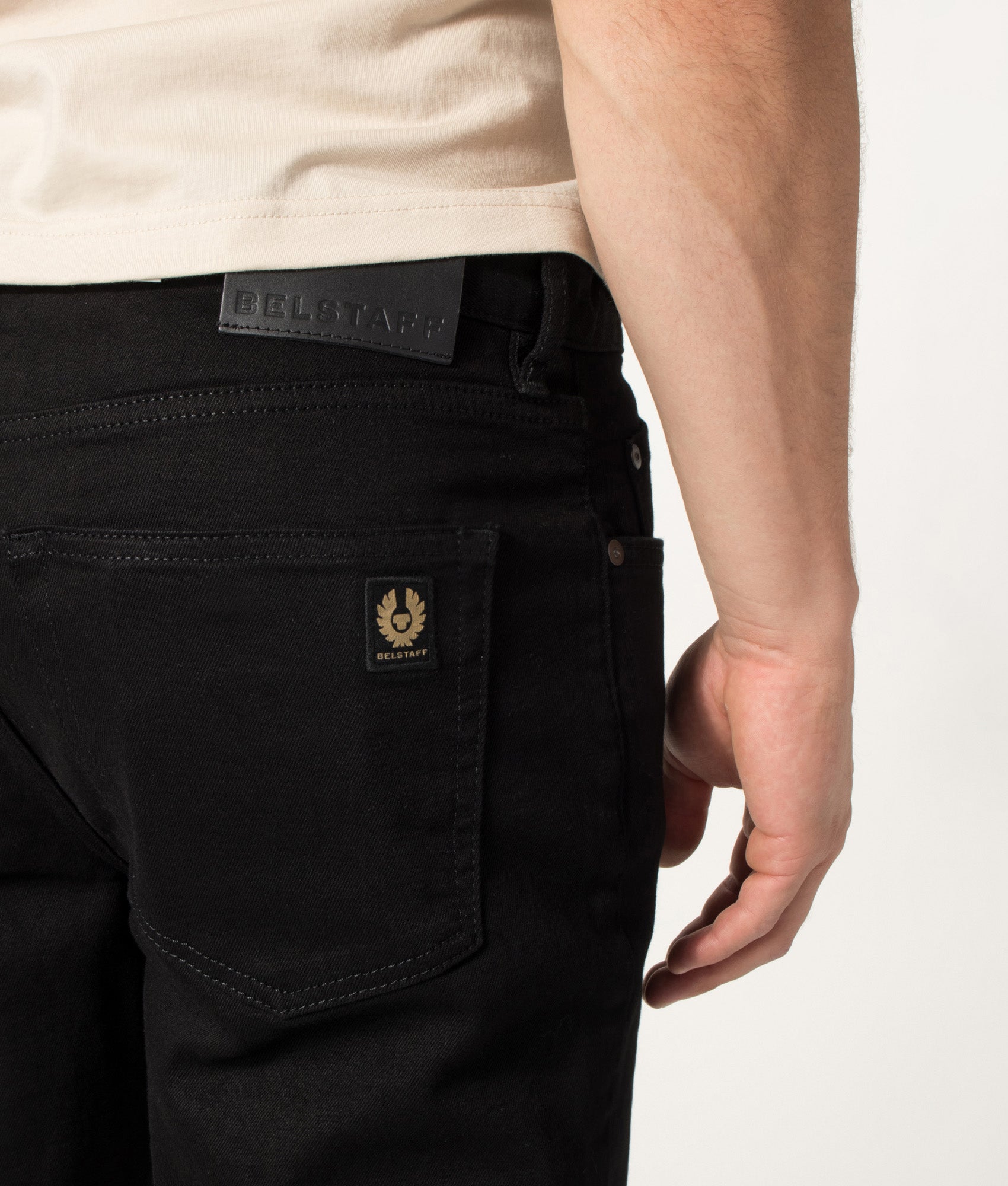 Belstaff Regular Fit B69 Jeans in Black at EQVVS Menswear. Detail shot.