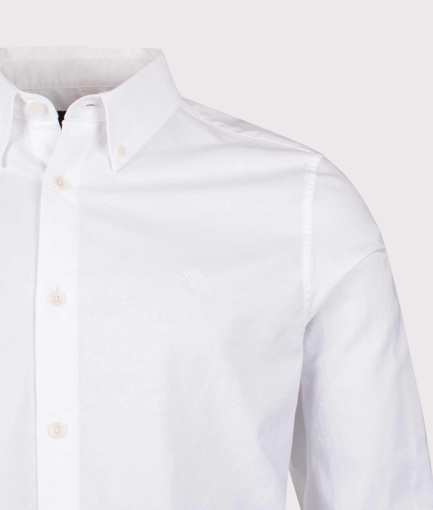 Belstaff Slim Fit Street Shirt in White at EQVVS Menswear. Detail shot.
