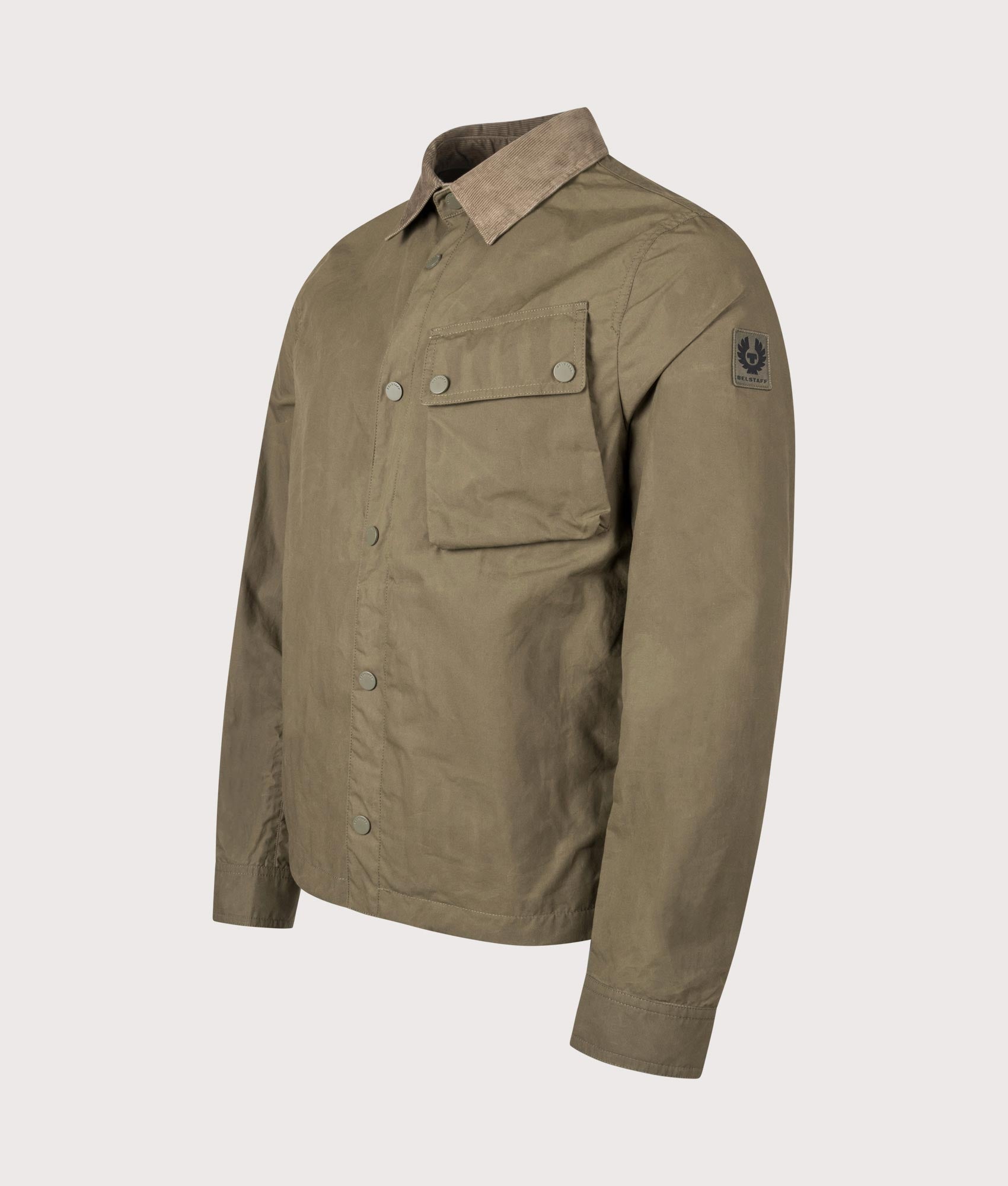 Belstaff Ground Jacket in True Olive at EQVVS Menswear. Angled front shot.