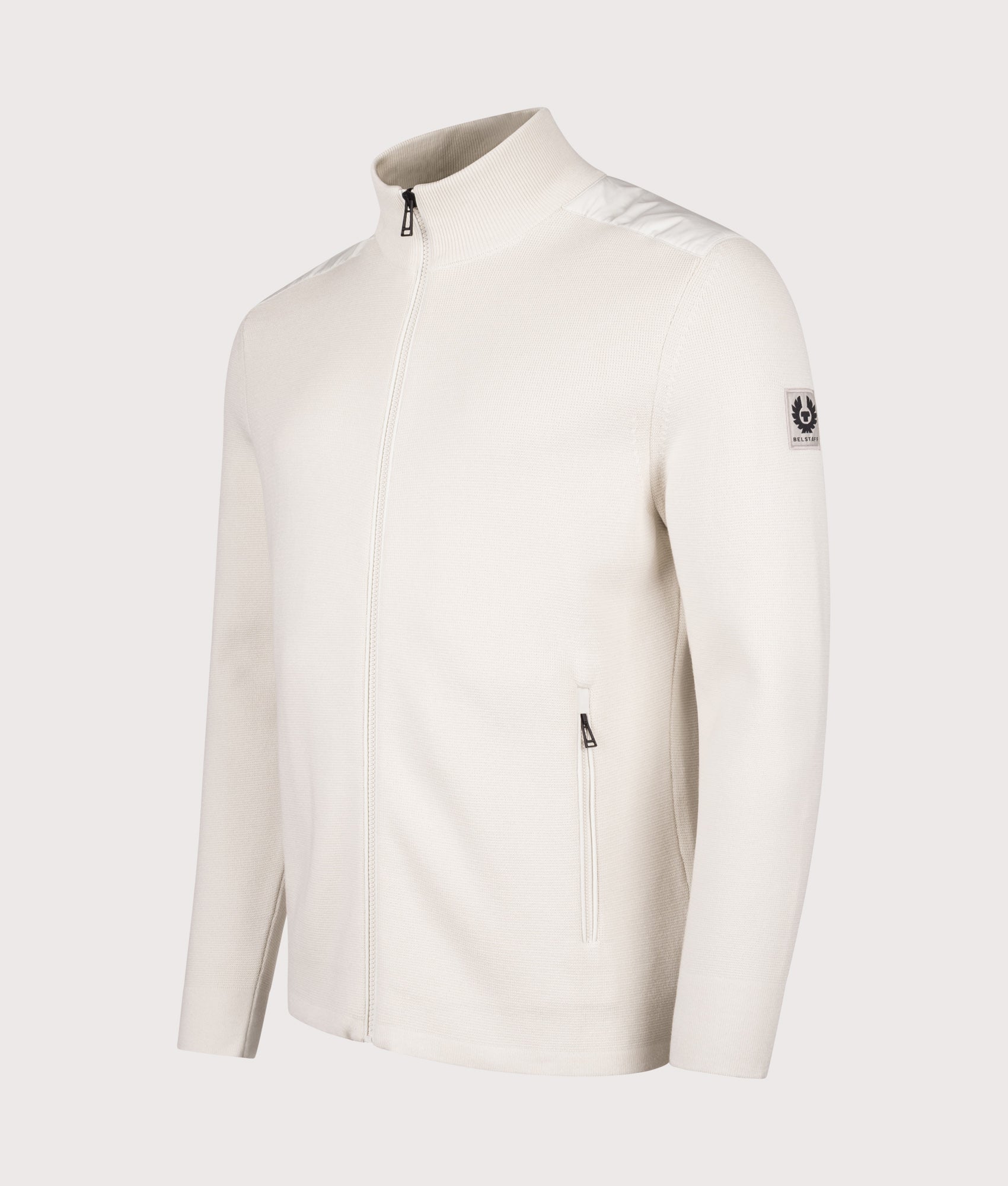 Belstaff Verge Zip Cardigan in Silver Birch at EQVVS Menswear. Angled front shot.