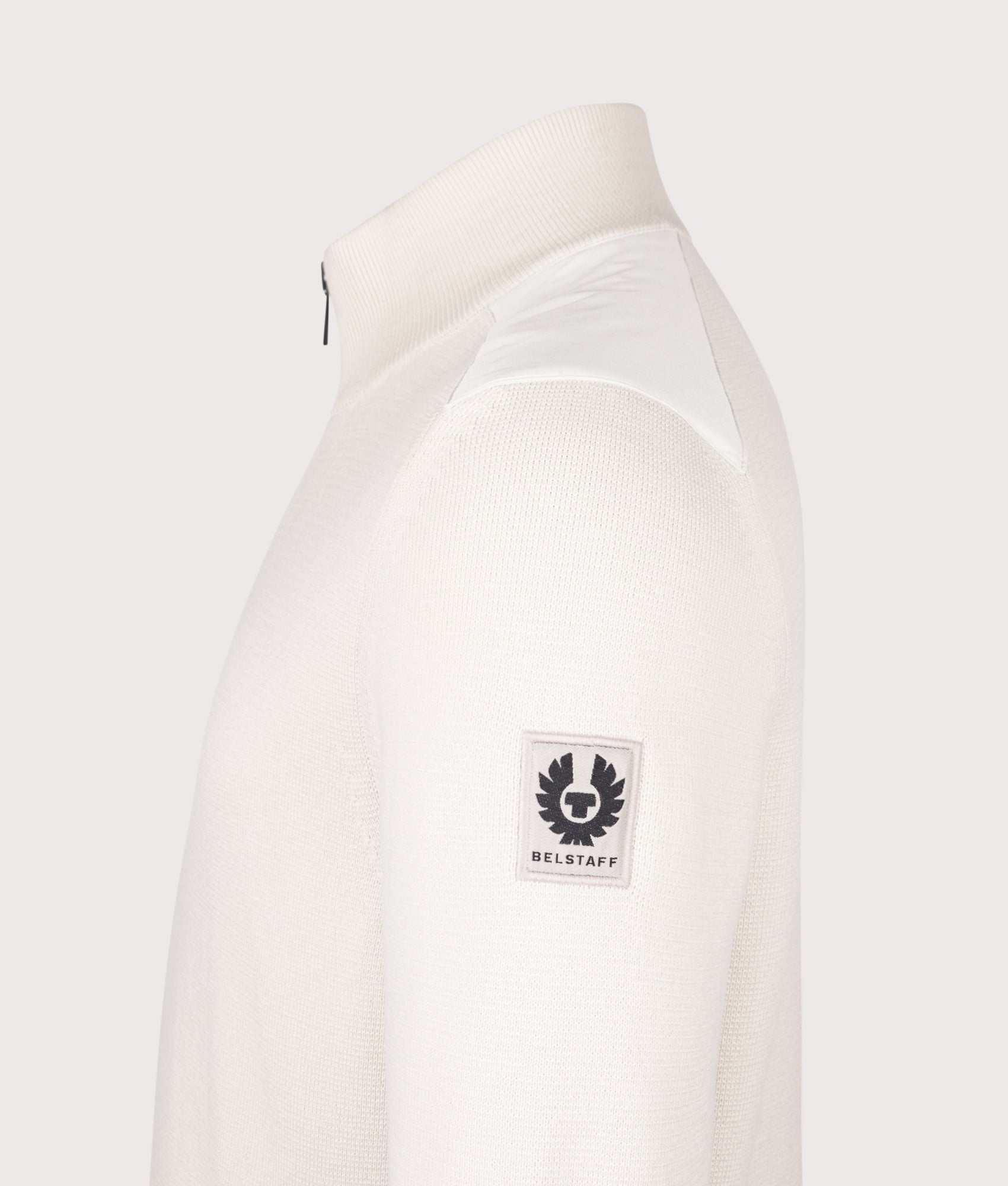 Belstaff Verge Zip Cardigan in Silver Birch at EQVVS Menswear. Side detail shot.