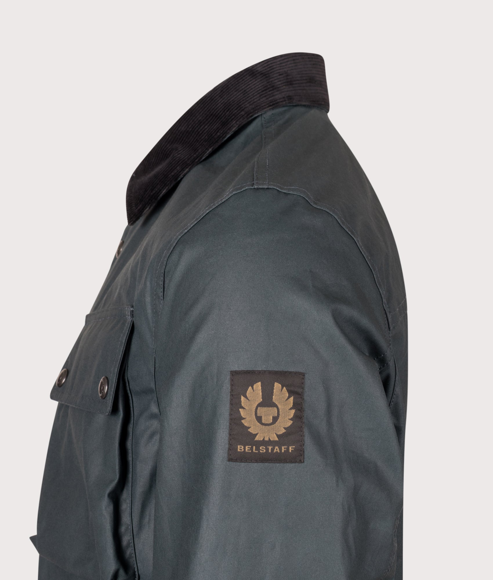 Belstaff Regular Fit Ground Jacket in Petrol at EQVVS Menswear. Detail shot.