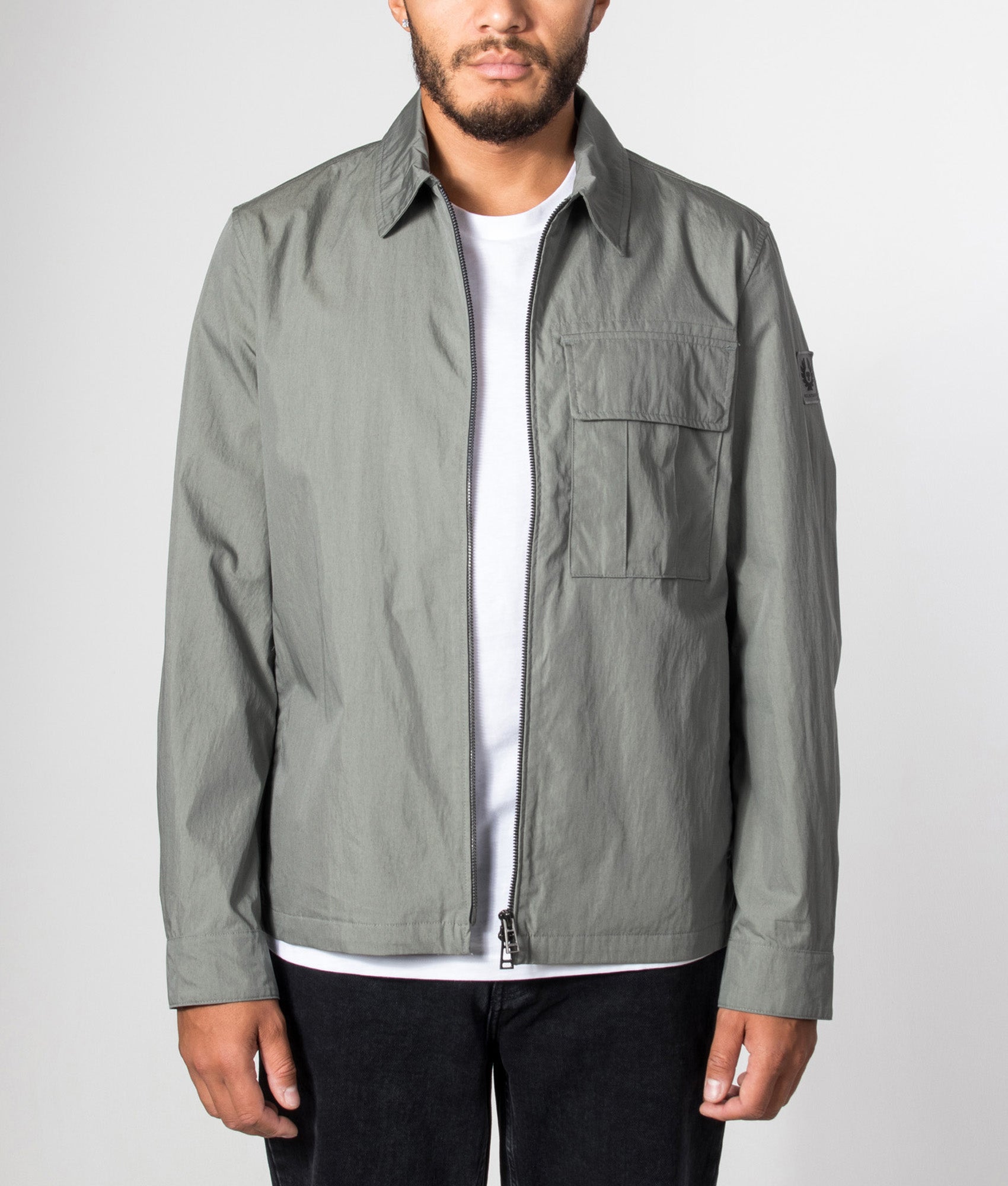 Belstaff Regular Fit Cargo Overshirt in Atlantic Grey at EQVVS Menswear. Model front shot.