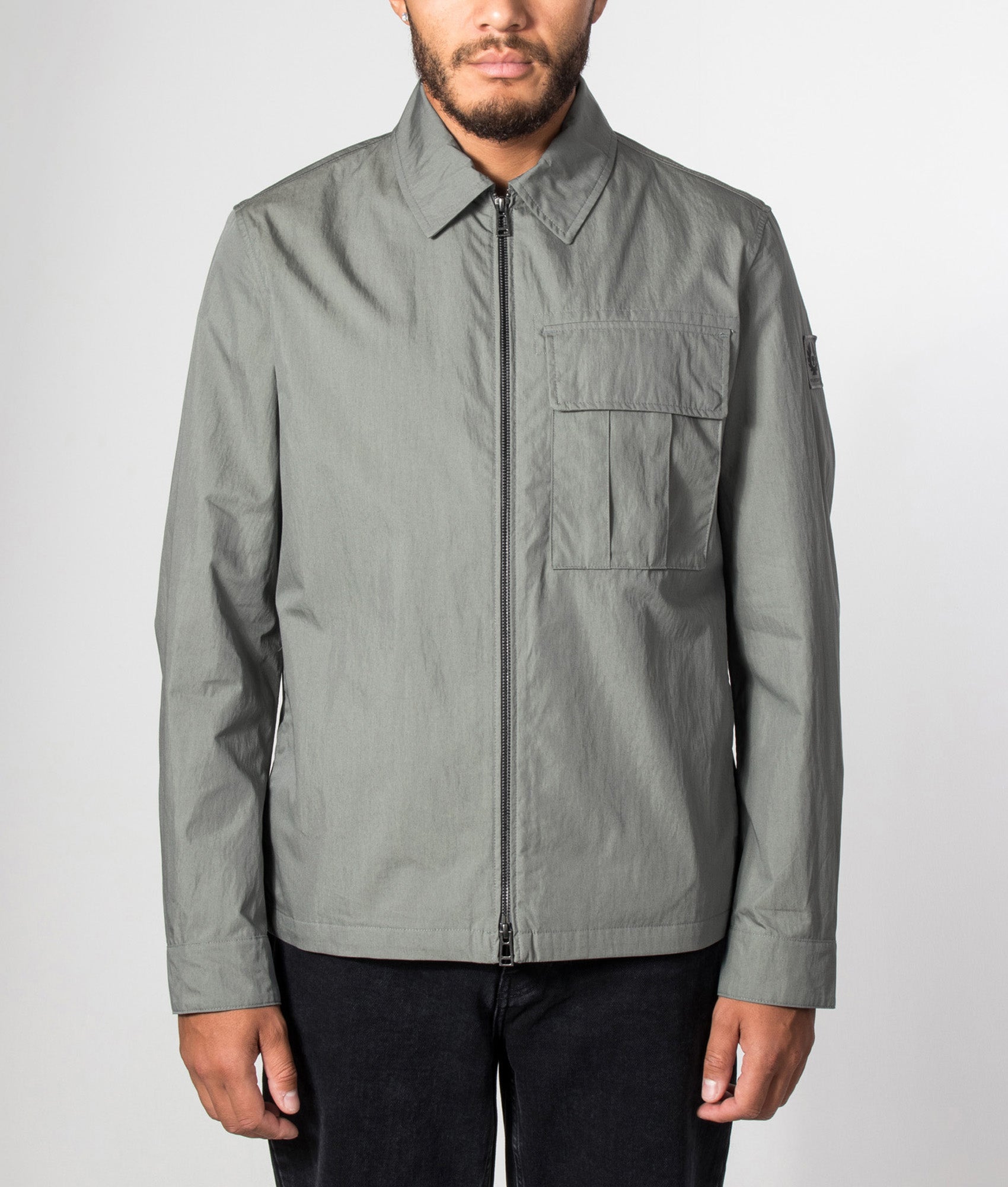 Belstaff Regular Fit Cargo Overshirt in Atlantic Grey at EQVVS Menswear. Model front shot.