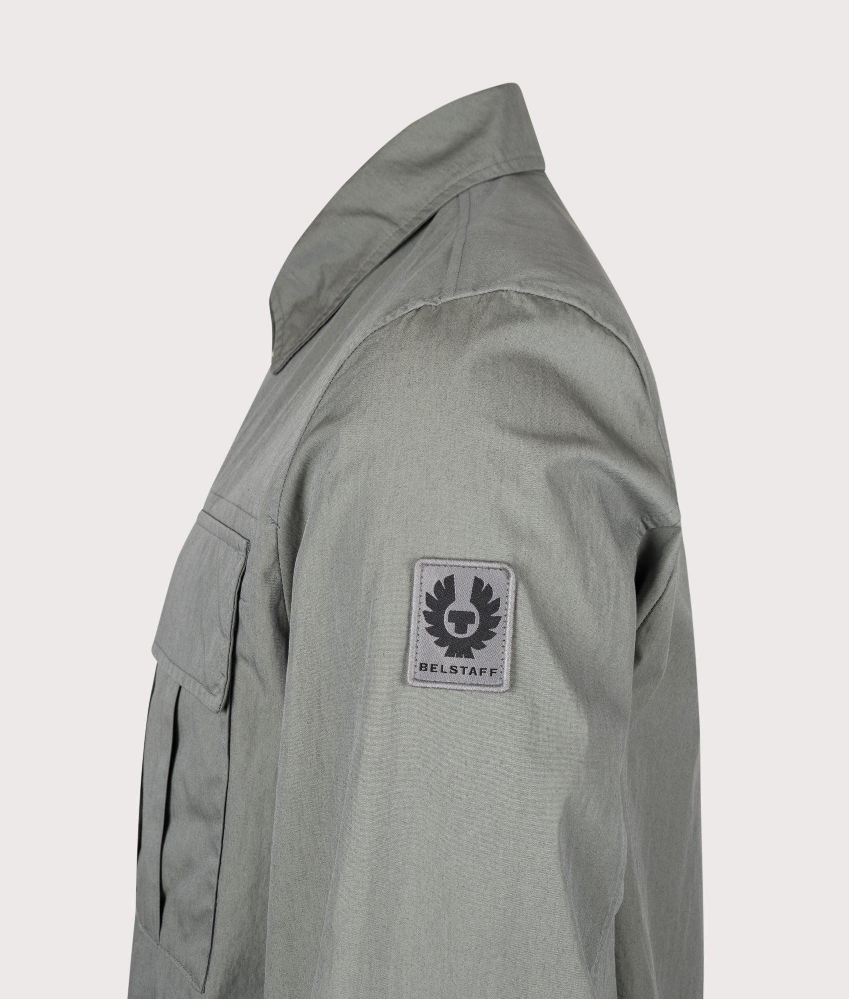 Belstaff Regular Fit Cargo Overshirt in Atlantic Grey at EQVVS Menswear. Detail shot.