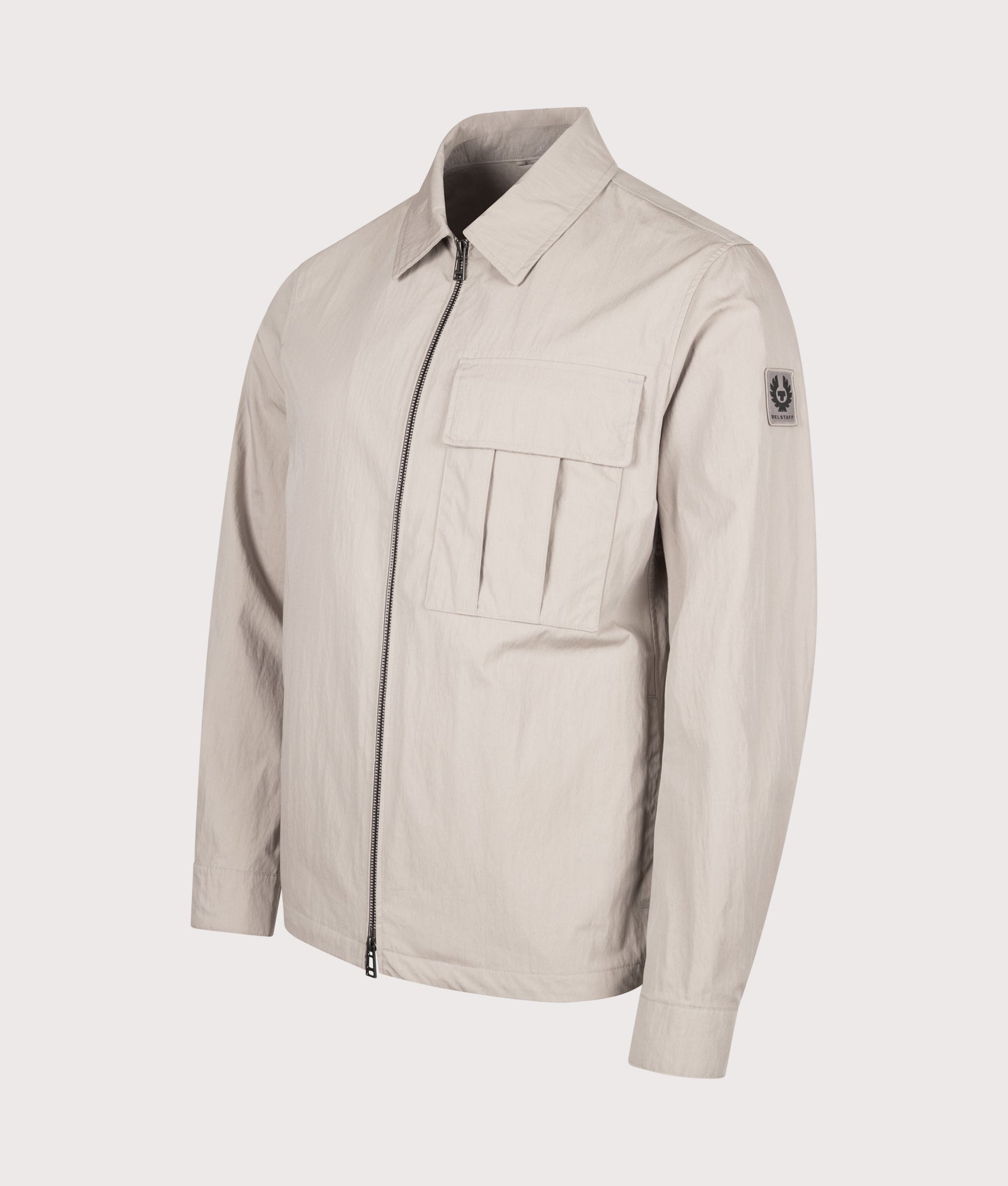 Belstaff Regular Fit Cargo Overshirt in Concrete at EQVVS Menswear. Angled front shot.