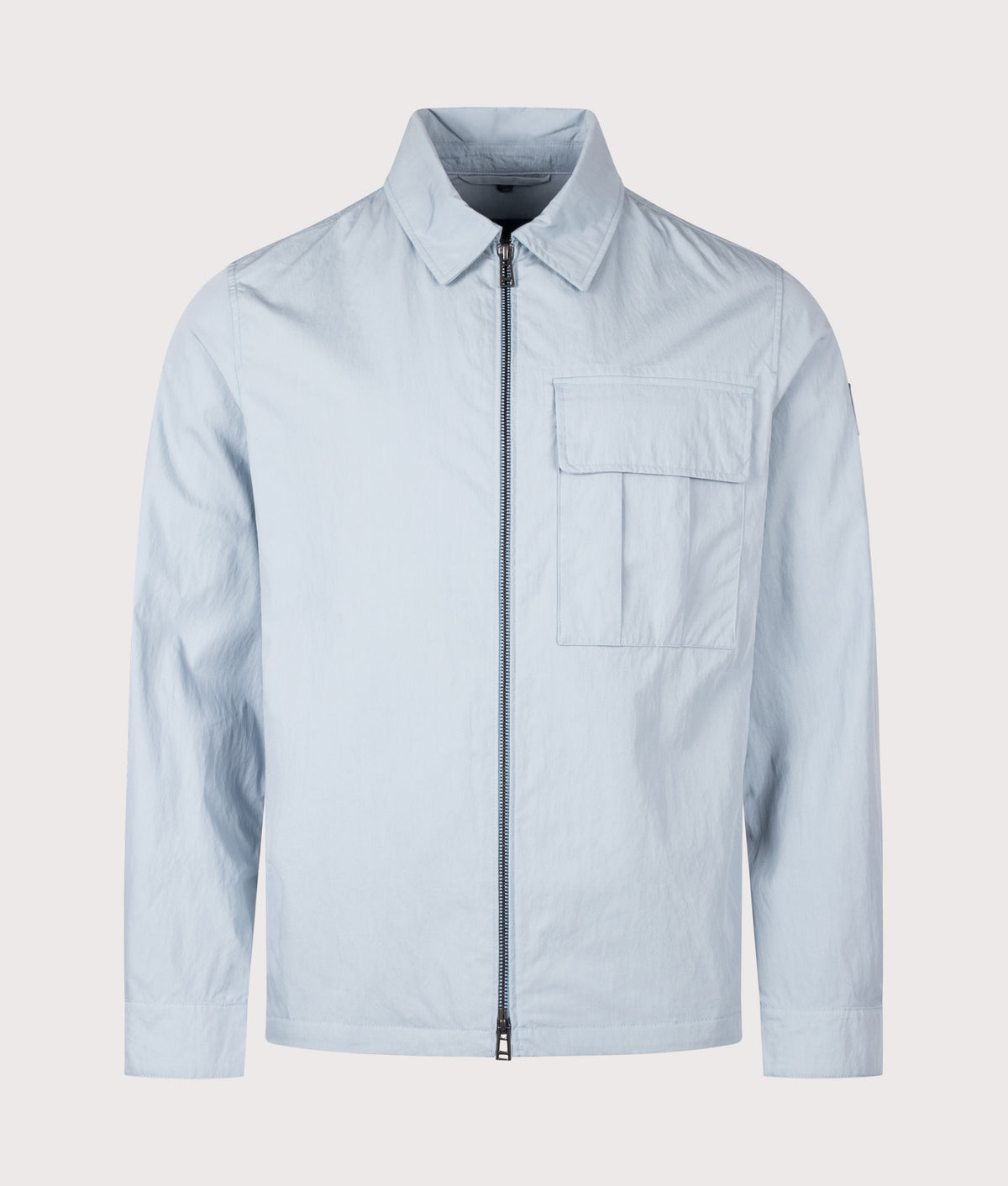Belstaff Regular Fit Cargo Overshirt in Mist Blue at EQVVS Menswear. Back shot.