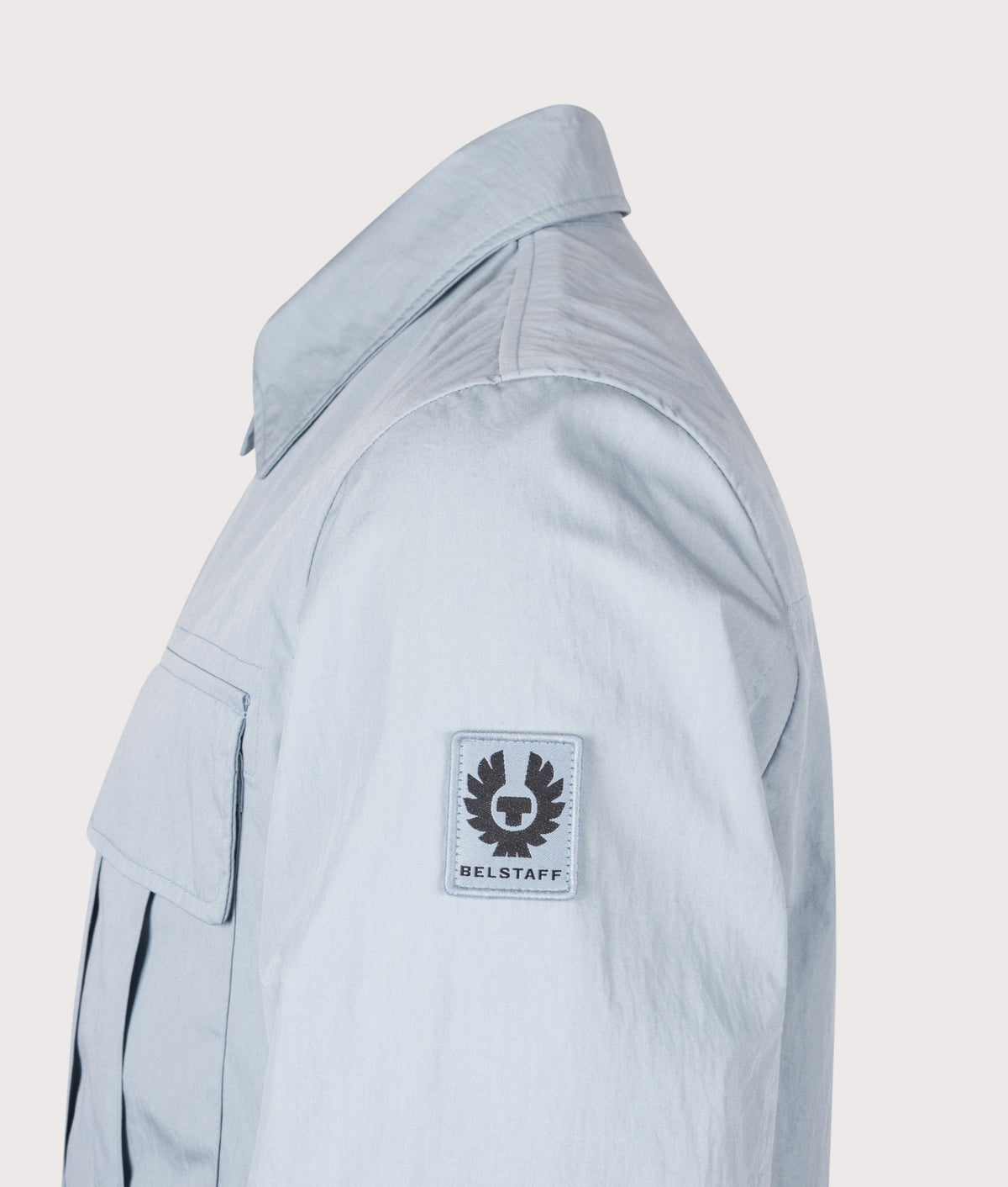 Belstaff Regular Fit Cargo Overshirt in Mist Blue at EQVVS Menswear. Detail shot.