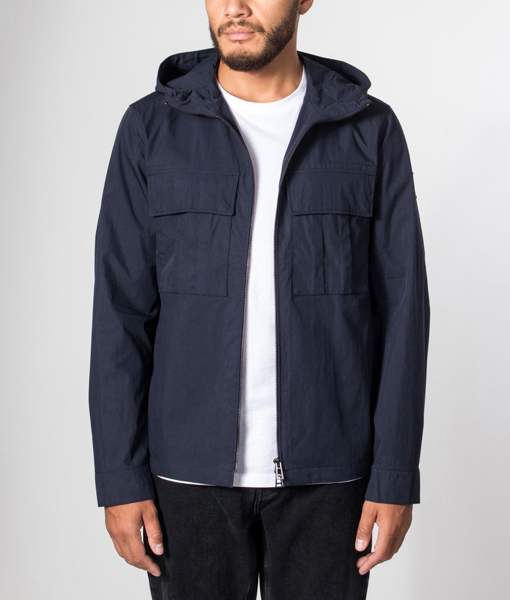 Belstaff Regular Fit Container Overshirt in Dark Ink at EQVVS Menswear. Model front shot.