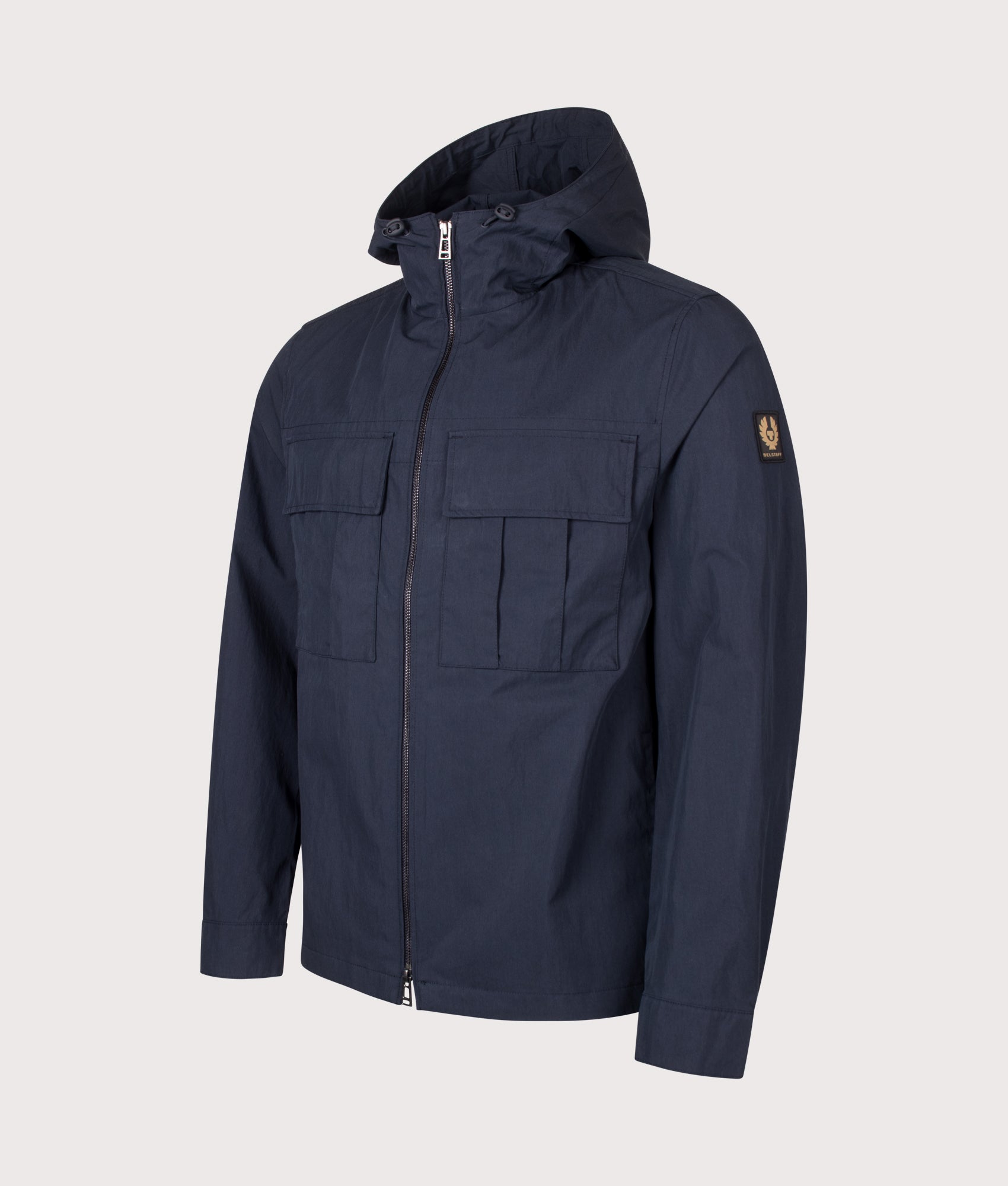 Belstaff Regular Fit Container Overshirt in Dark Ink at EQVVS Menswear. Angled front shot.