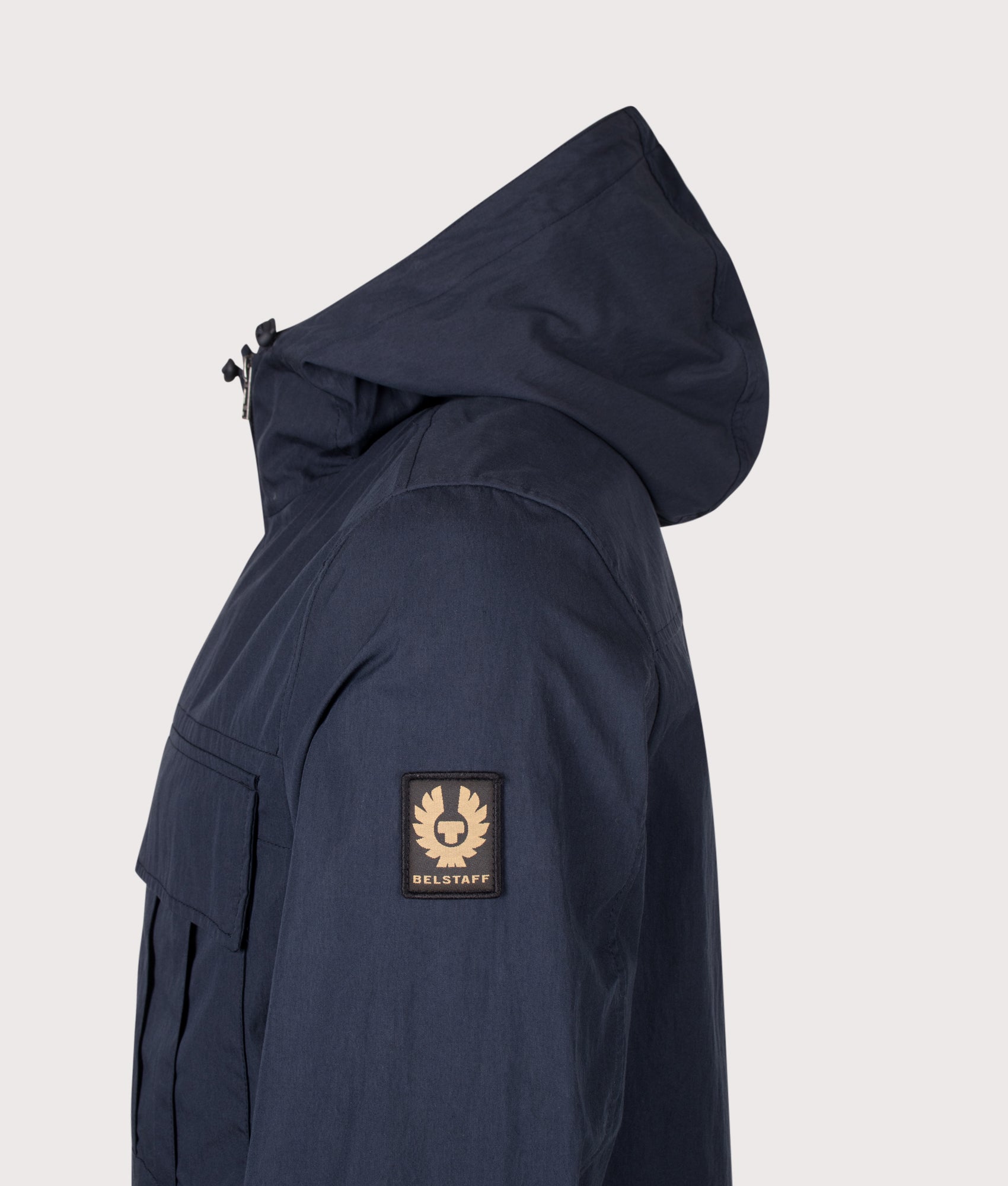Belstaff Regular Fit Container Overshirt in Dark Ink at EQVVS Menswear. Detail shot.