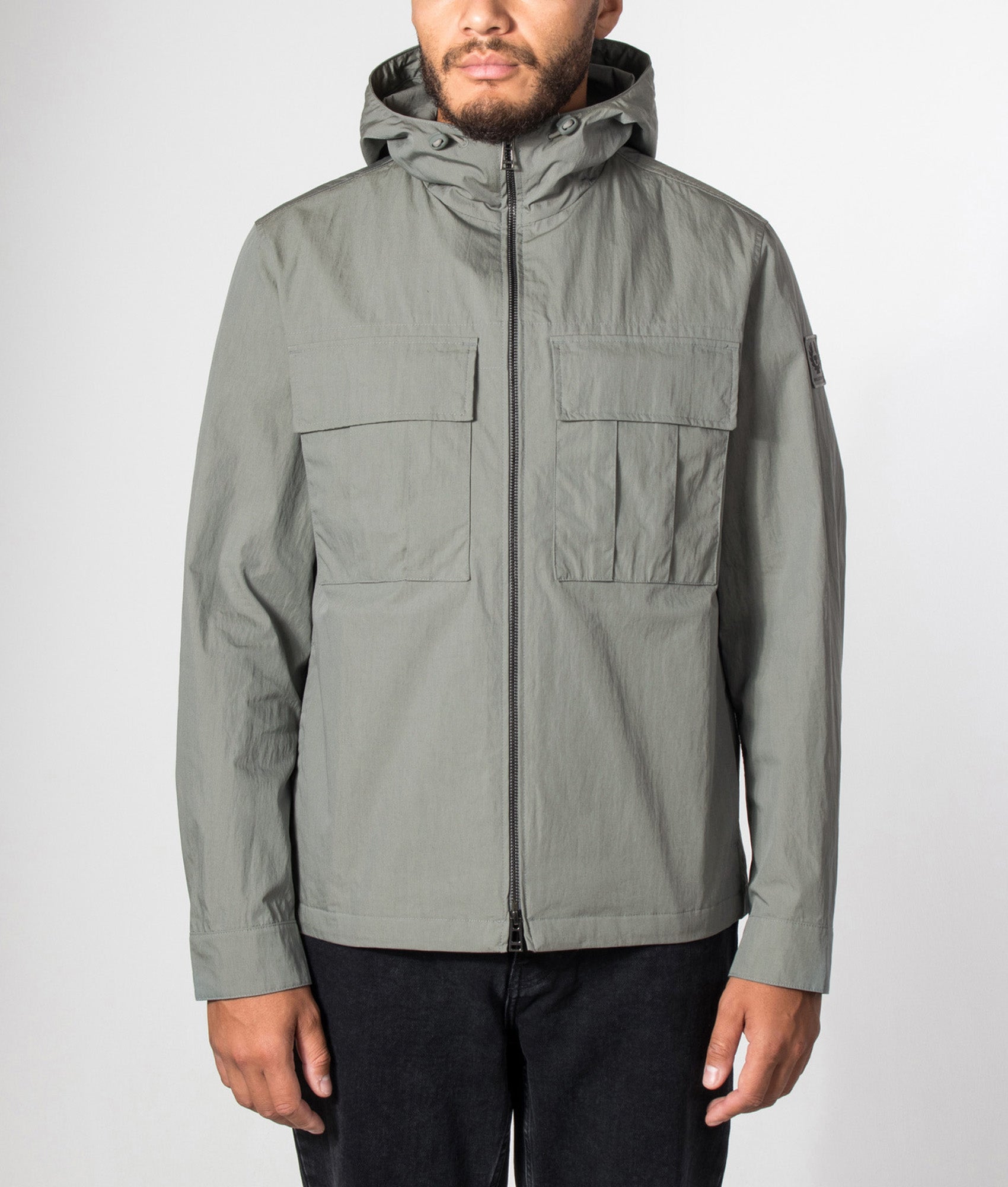 Belstaff Regular Fit Container Overshirt in Atlantic Grey at EQVVS Menswear. Model front shot.
