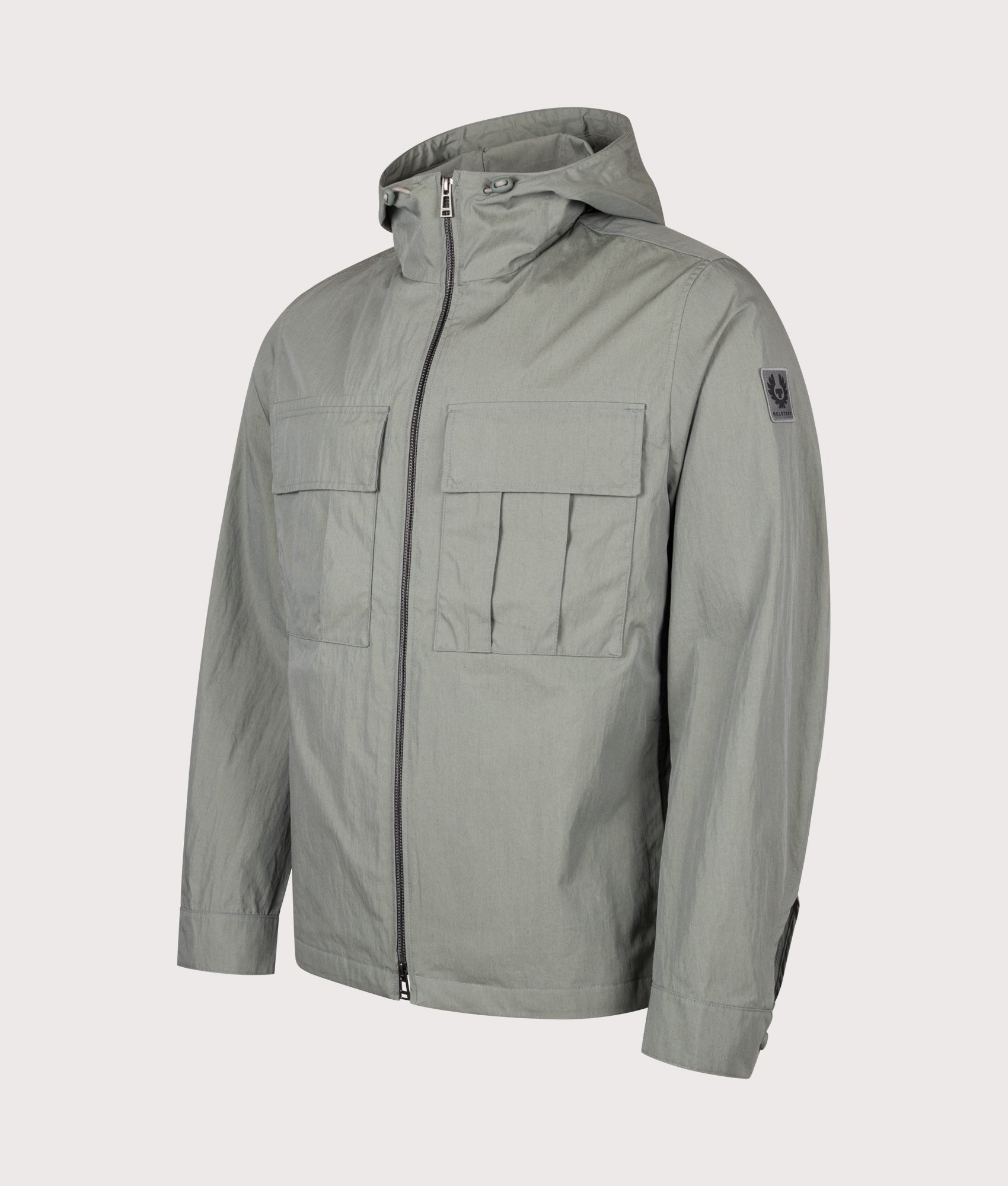 Belstaff Regular Fit Container Overshirt in Atlantic Grey at EQVVS Menswear. Angled front shot.