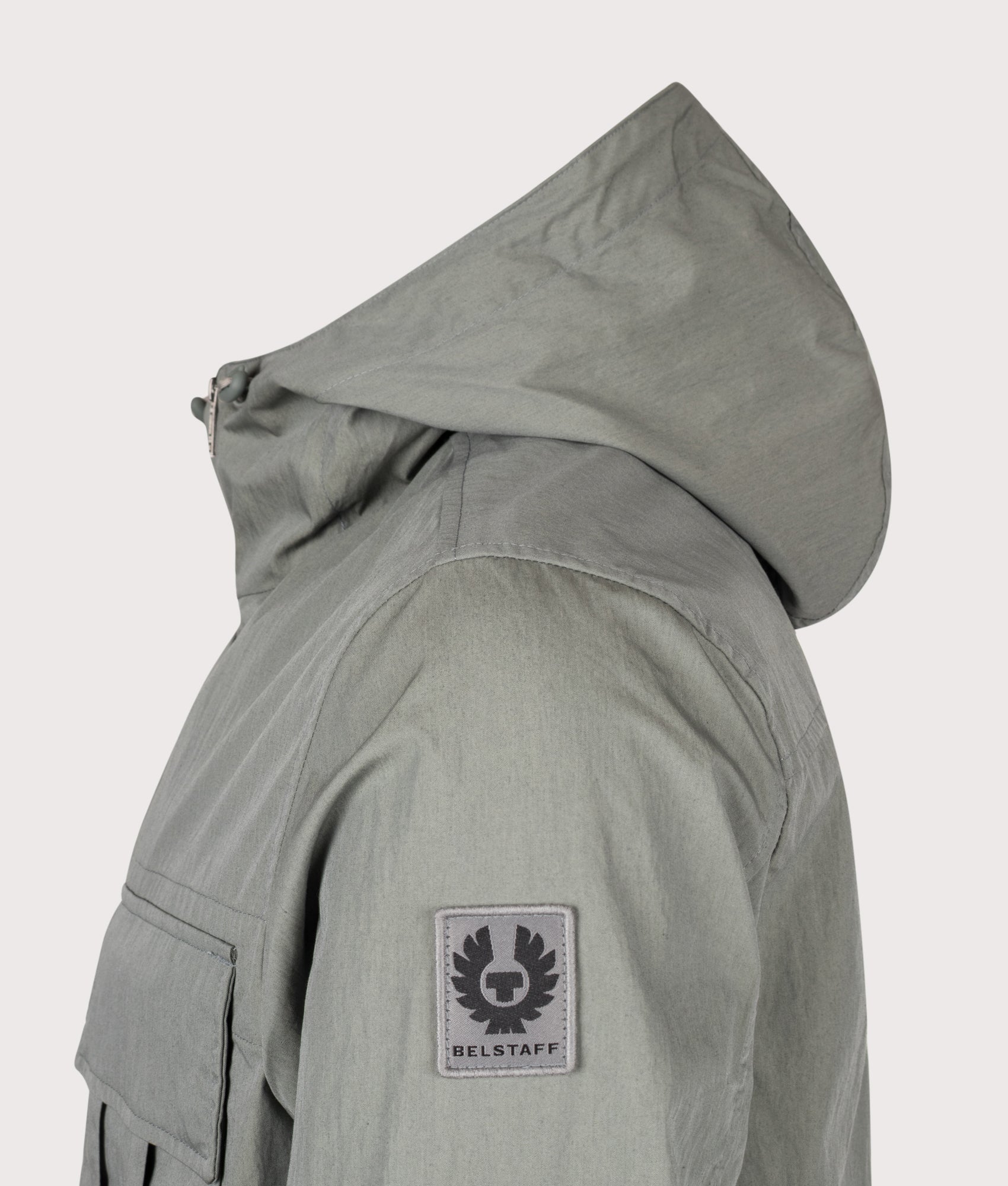 Belstaff Regular Fit Container Overshirt in Atlantic Grey at EQVVS Menswear. Detail shot.