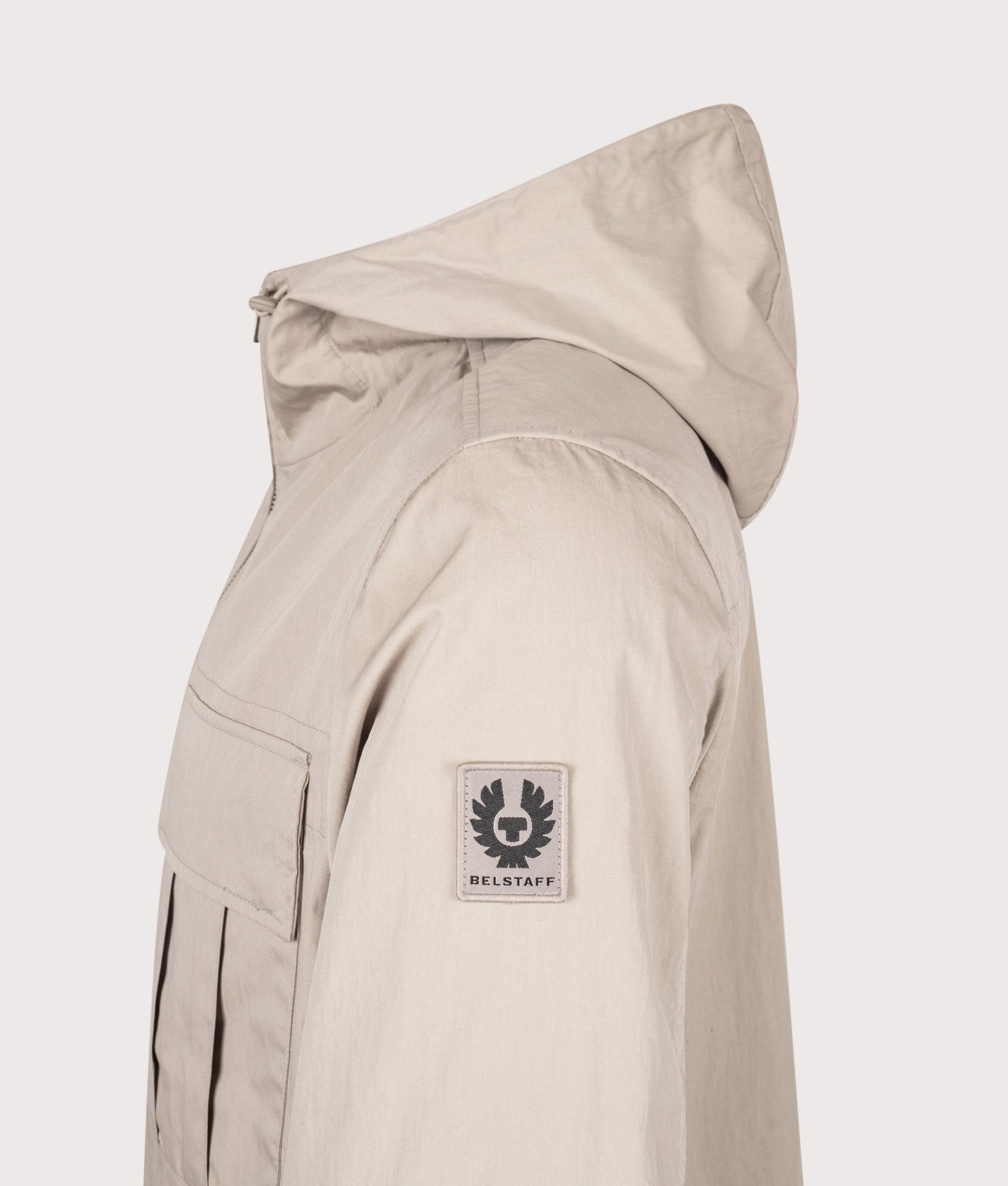 Belstaff Regular Fit Container Overshirt in Concrete at EQVVS Menswear. Detail shot.