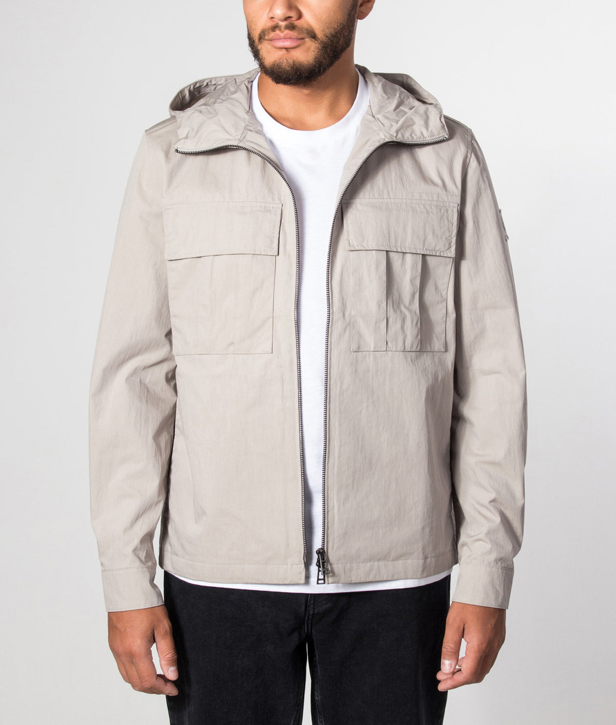 Belstaff Regular Fit Container Overshirt in Concrete at EQVVS Menswear. Model front shot.