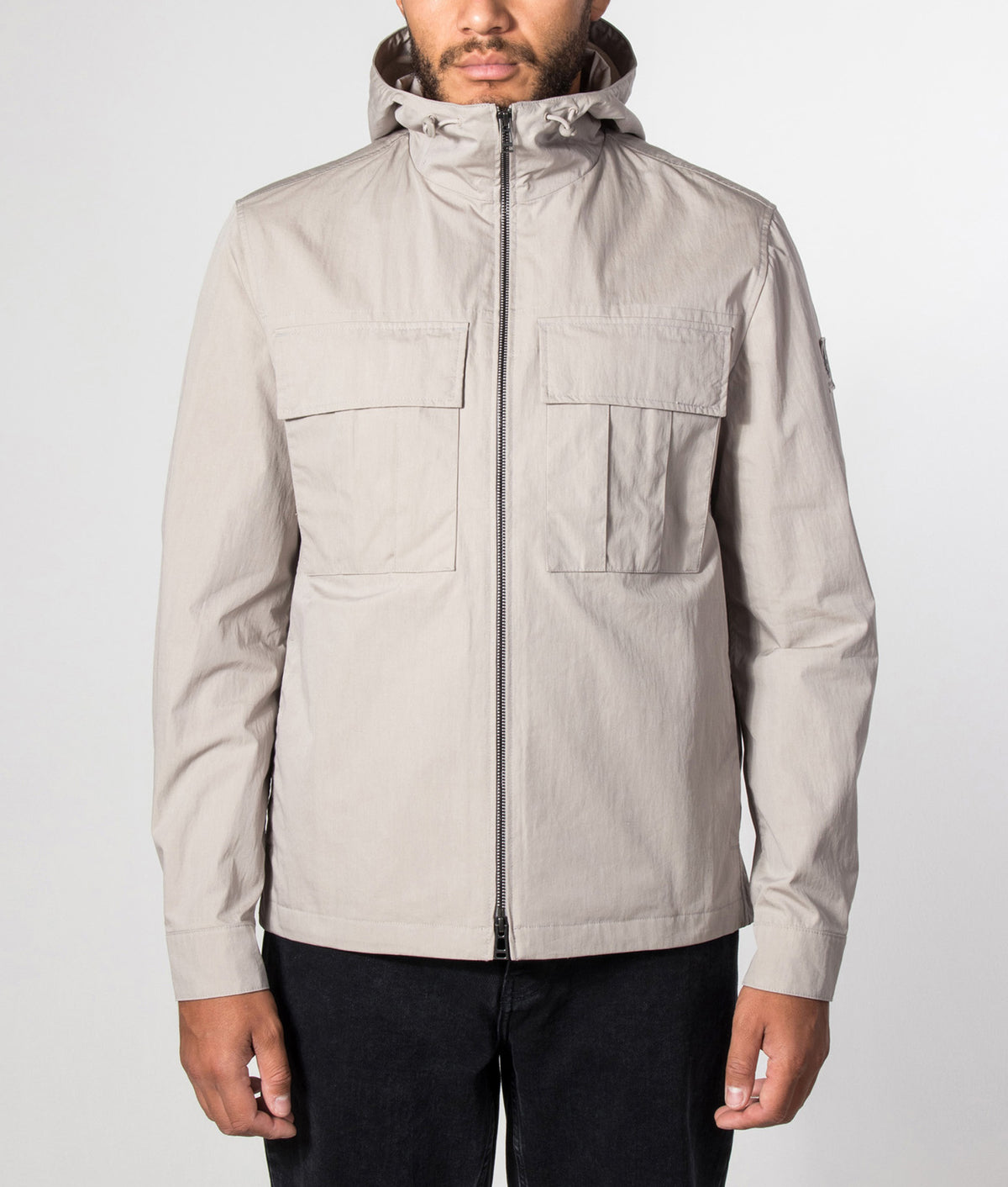 Belstaff Regular Fit Container Overshirt in Concrete at EQVVS Menswear. Model front shot.