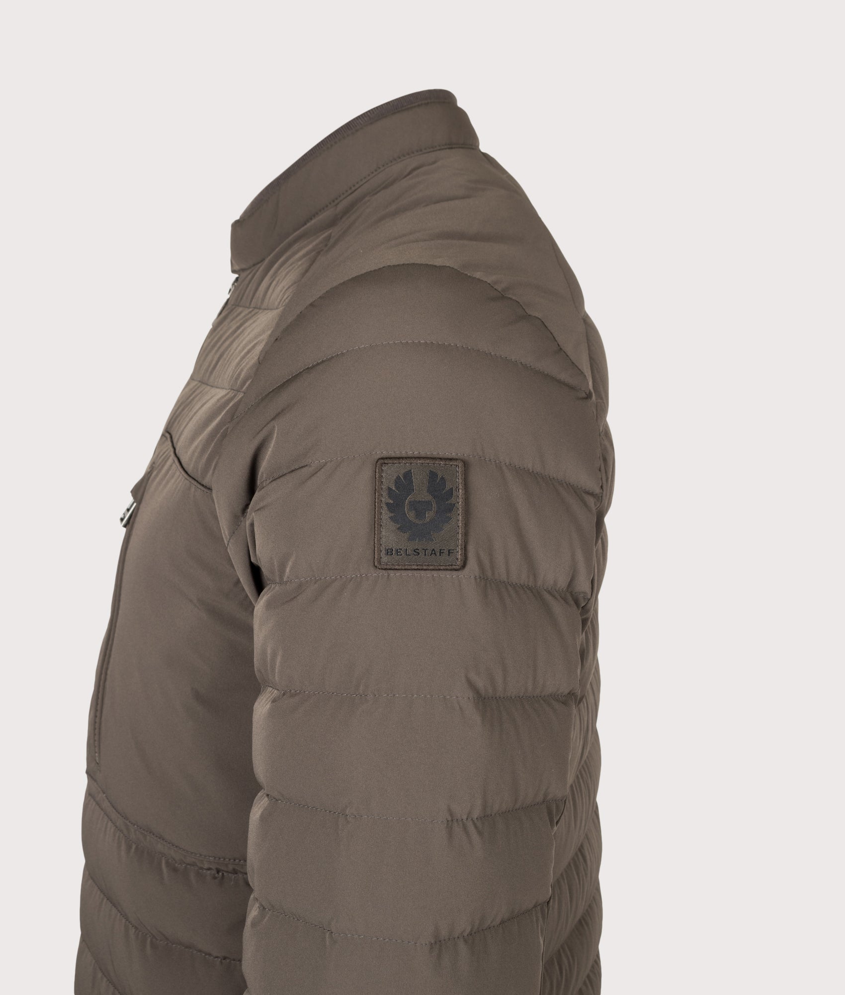 Belstaff Regular Fit Chassis Jacket in Army Olive at EQVVS Menswear. Detail shot.
