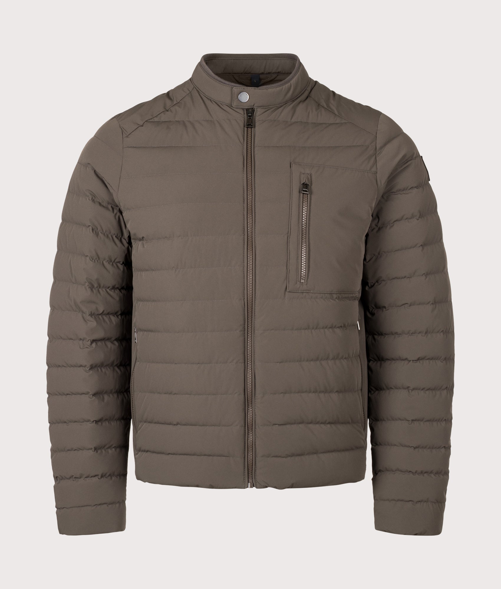Belstaff Regular Fit Chassis Jacket in Army Olive at EQVVS Menswear. Front shot.